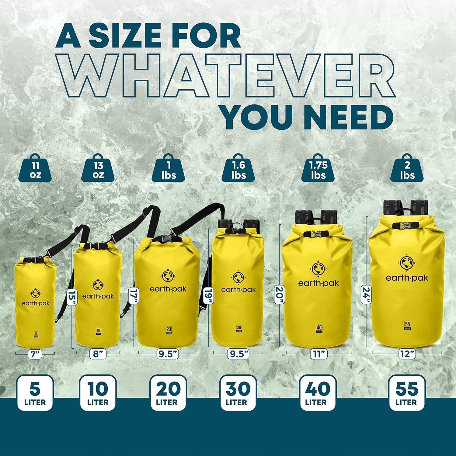 Earth Pak Waterproof Dry Bag - Roll Top Waterproof Backpack Sack (Yellow 55L & 30L)
