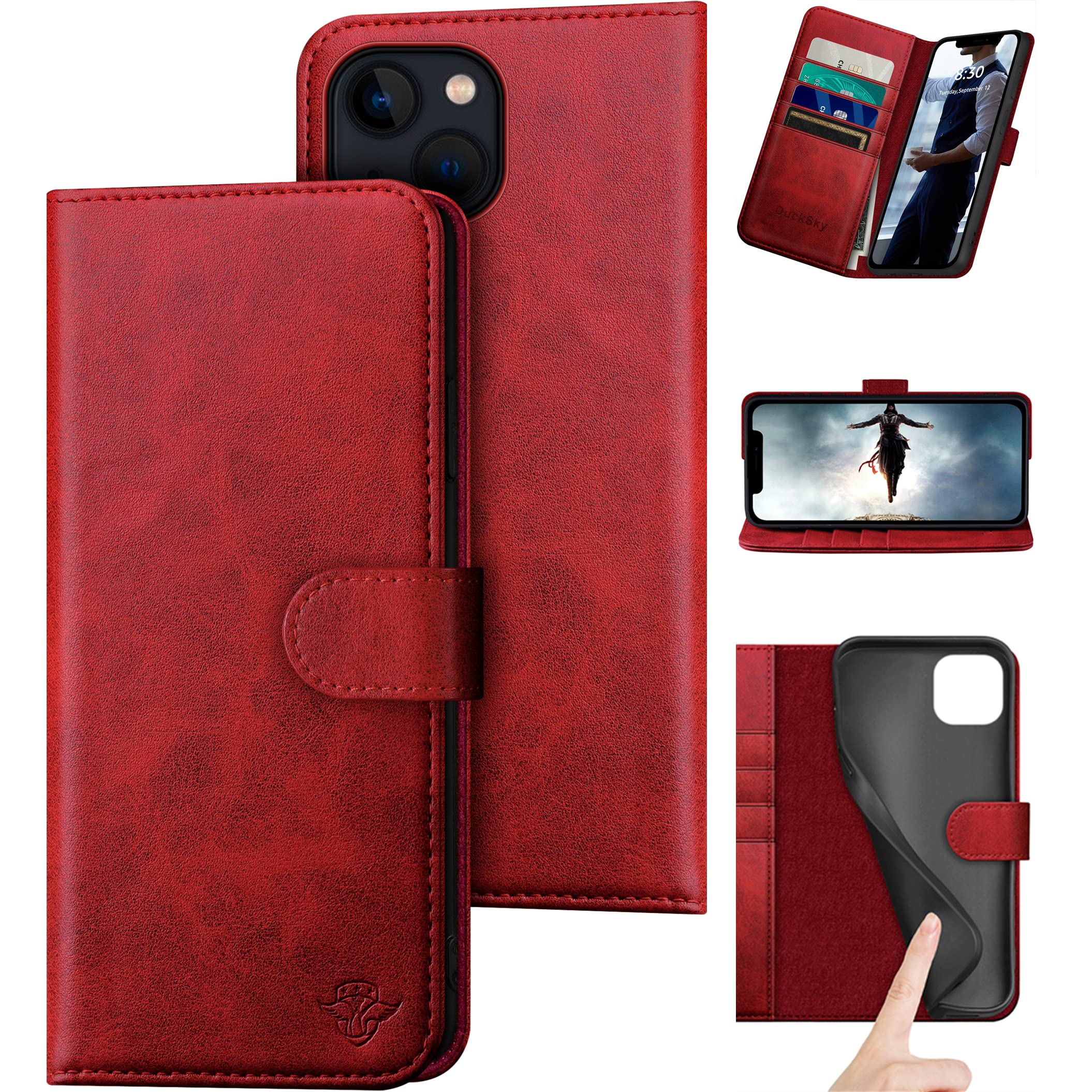 for iPhone 14 6.1" Genuine Leather Wallet case ?RFID Blocking??4 Credit Card Holder??Real Leather? Flip Folio Book Phone case Protective Cover Women Men for Apple 14 5G case Red