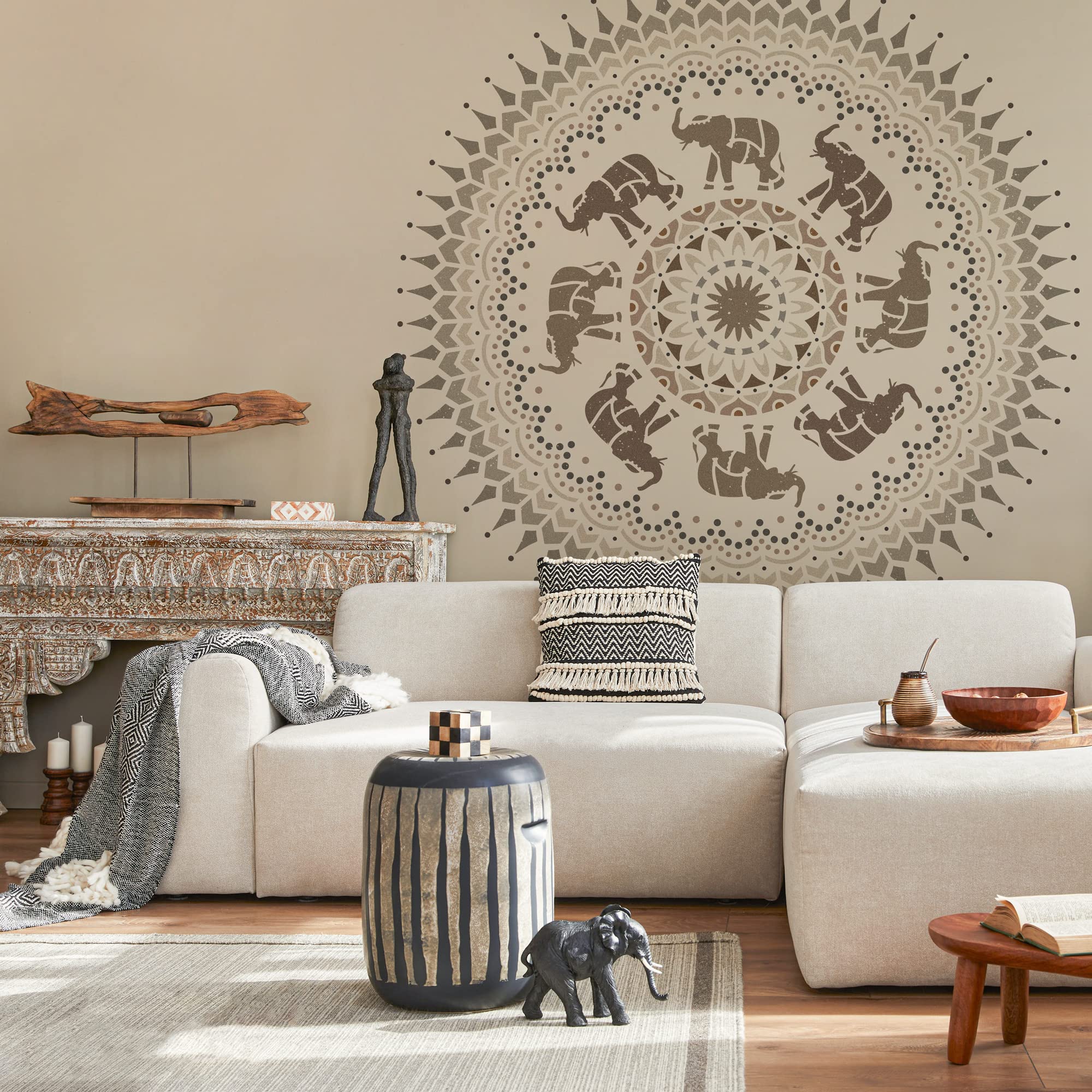 NAKLEO Mandala Szablon Malarski do Malowania Ścian Duży, 130 cm Słoń Mandala Koło Ornament Geometryczny, Wielorazowy Wielokrotny Plastik, Wzór DIY Dom Dekoracje, Papier Ściany Tkaniny Drewno Meble
