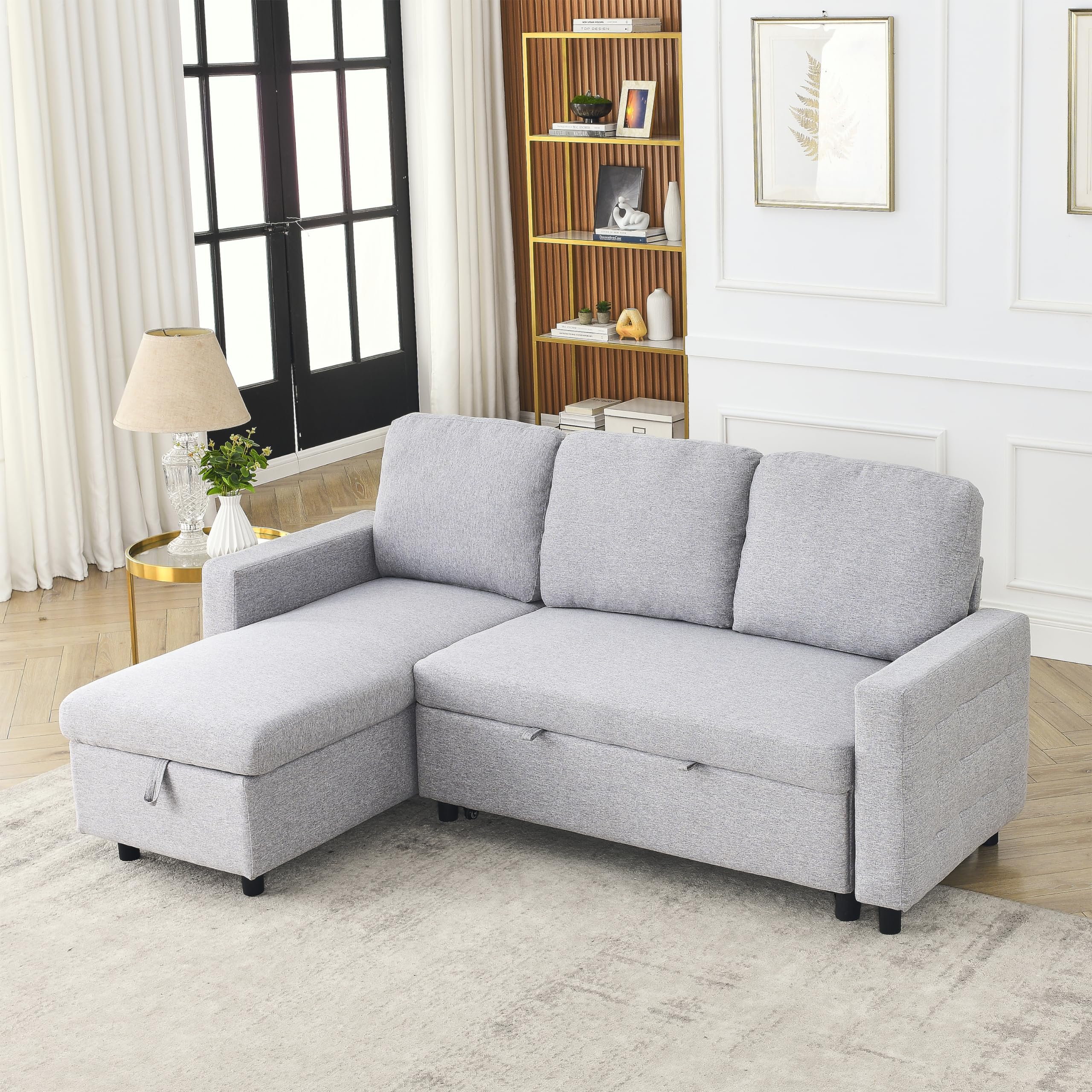 KINFFICT Reversible Sectional Sofa Couch with Pull-Out Bed, Modern Upholstered Linen L Shape Sleeper Loveseat Sofa Bed with Storage Chaise, Comfy 3 Seat Sofa for Living Room