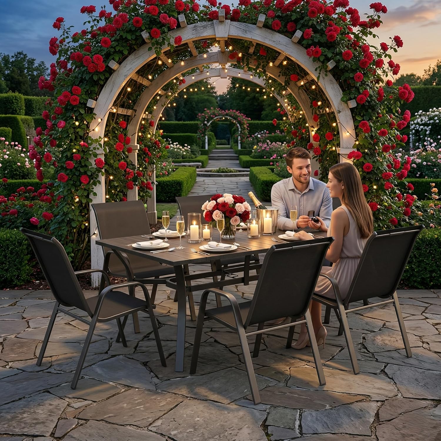 7-Piece Outdoor Patio Dining Set with 63" Rectangular Wood Grain Metal Table and 6 Ergonomic Chairs, Waterproof Textilene Fabric, Rustproof Frame, 350 Lbs Capacity