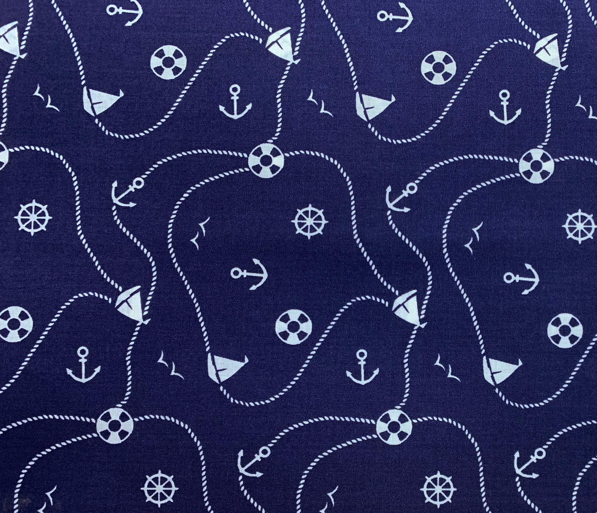 Empee Blue Polycotton Fabric - Navy & White Boats & Anchors Nautical Design - Fabric Craft Material Metre