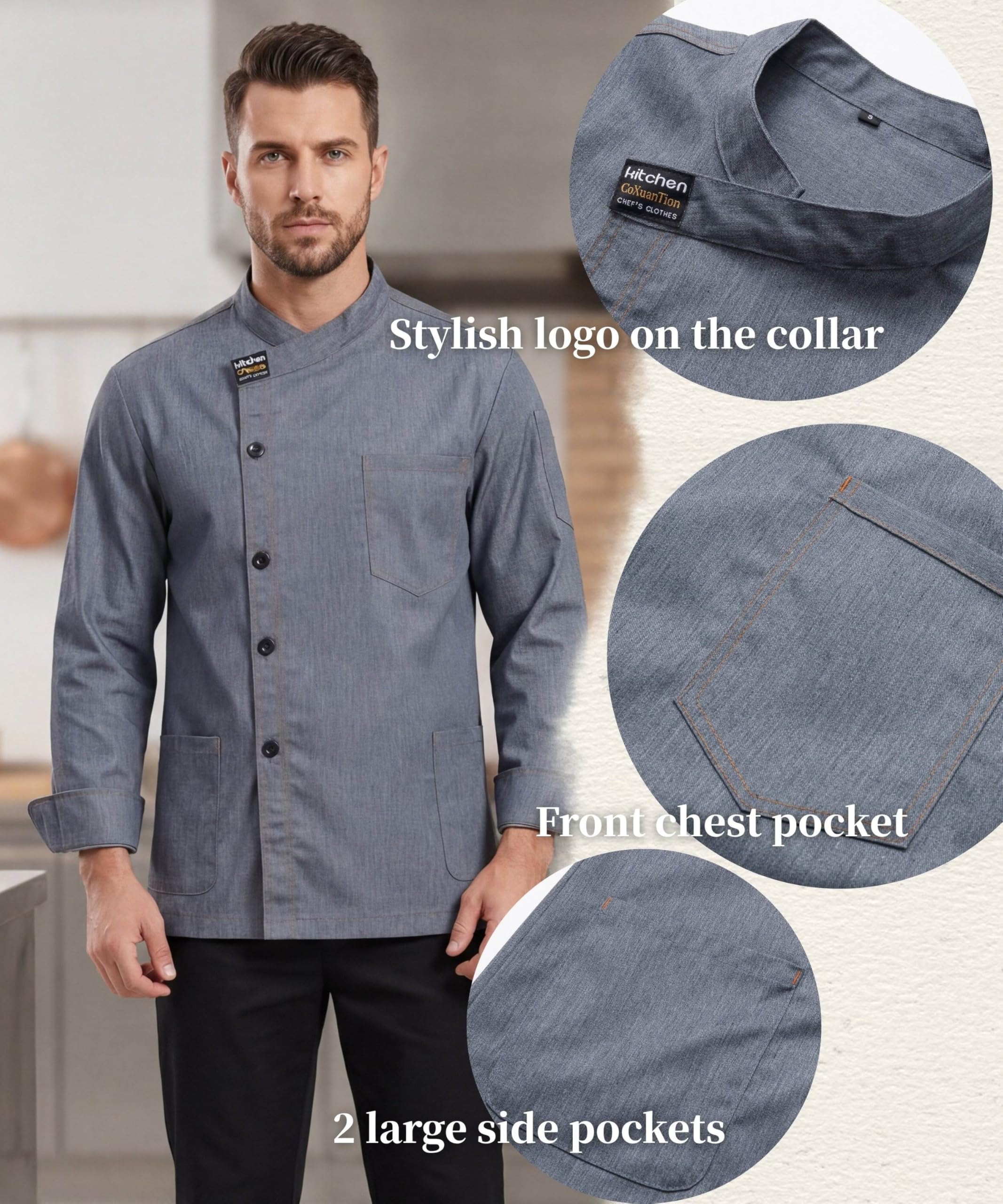 Homme Veste de Chef Cuisinier Professionnel Veste Unisexe Uniforme Vêtement Restaurant Manches Longues Veste de Cuisine Hôtel Restaurant Boulangers Cuisinier