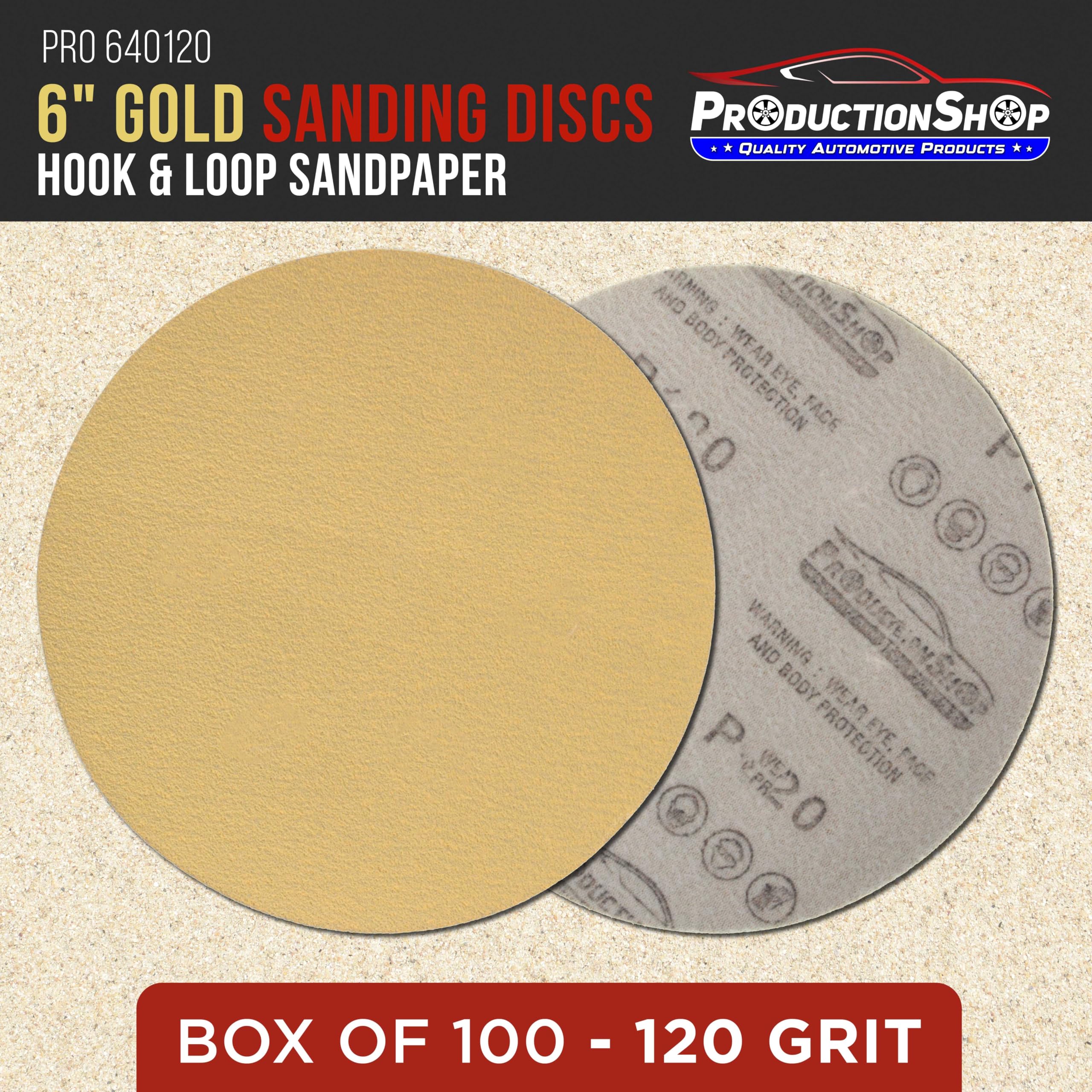 ProductionShop Discos de lija dorados de grano 120 de 6 pulgadas, caja de 100 unidades, papel de lija abrasivo con respaldo de velcro para lijadoras orbitales DA y aleatorias, pintura automotriz de