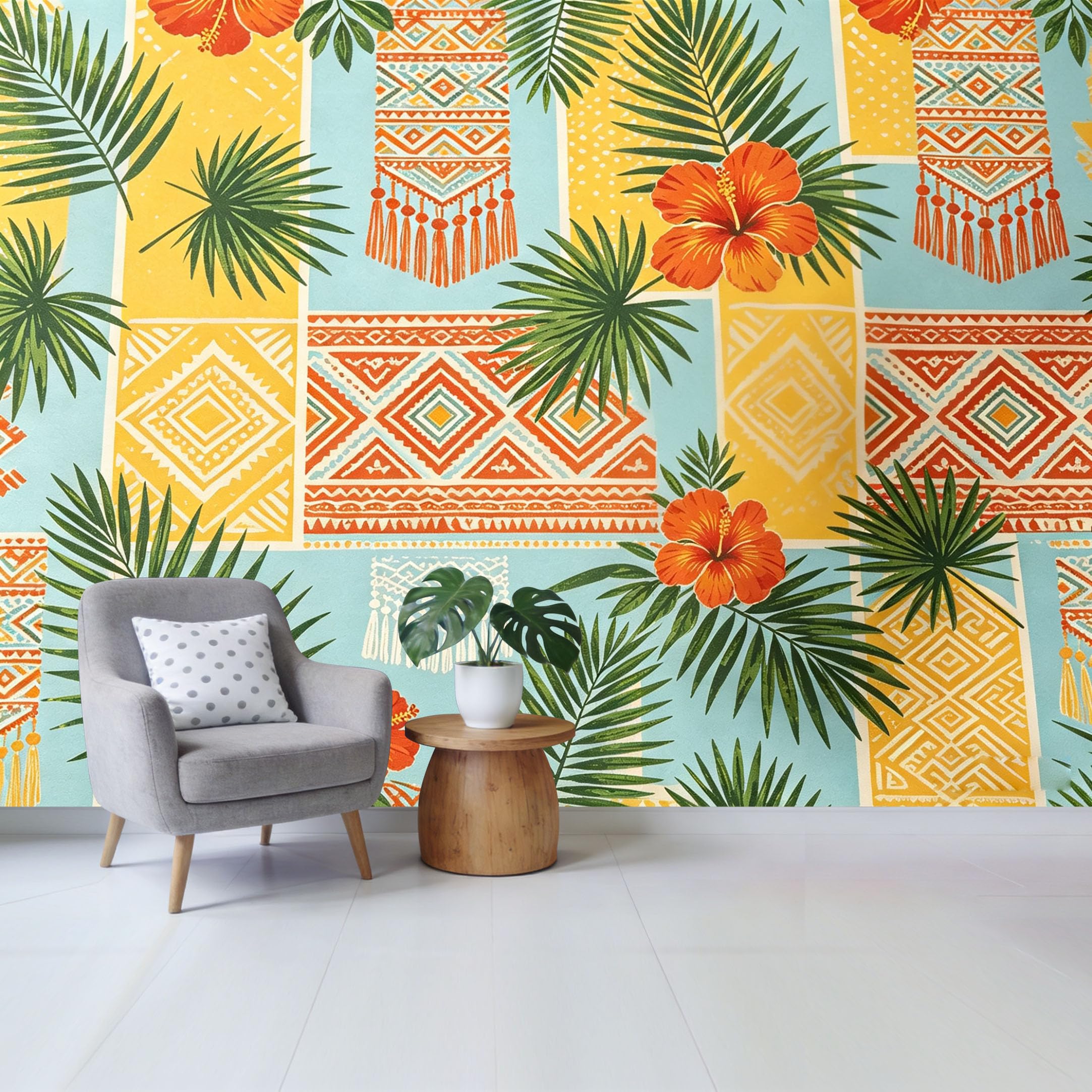 Custom Size Wall Mural Tropical Hibiscus Flower Palm Leaves Boho Geometric Pattern SelfAdhesive Wall Fabric Removable Wallpaper for Home Office Decor