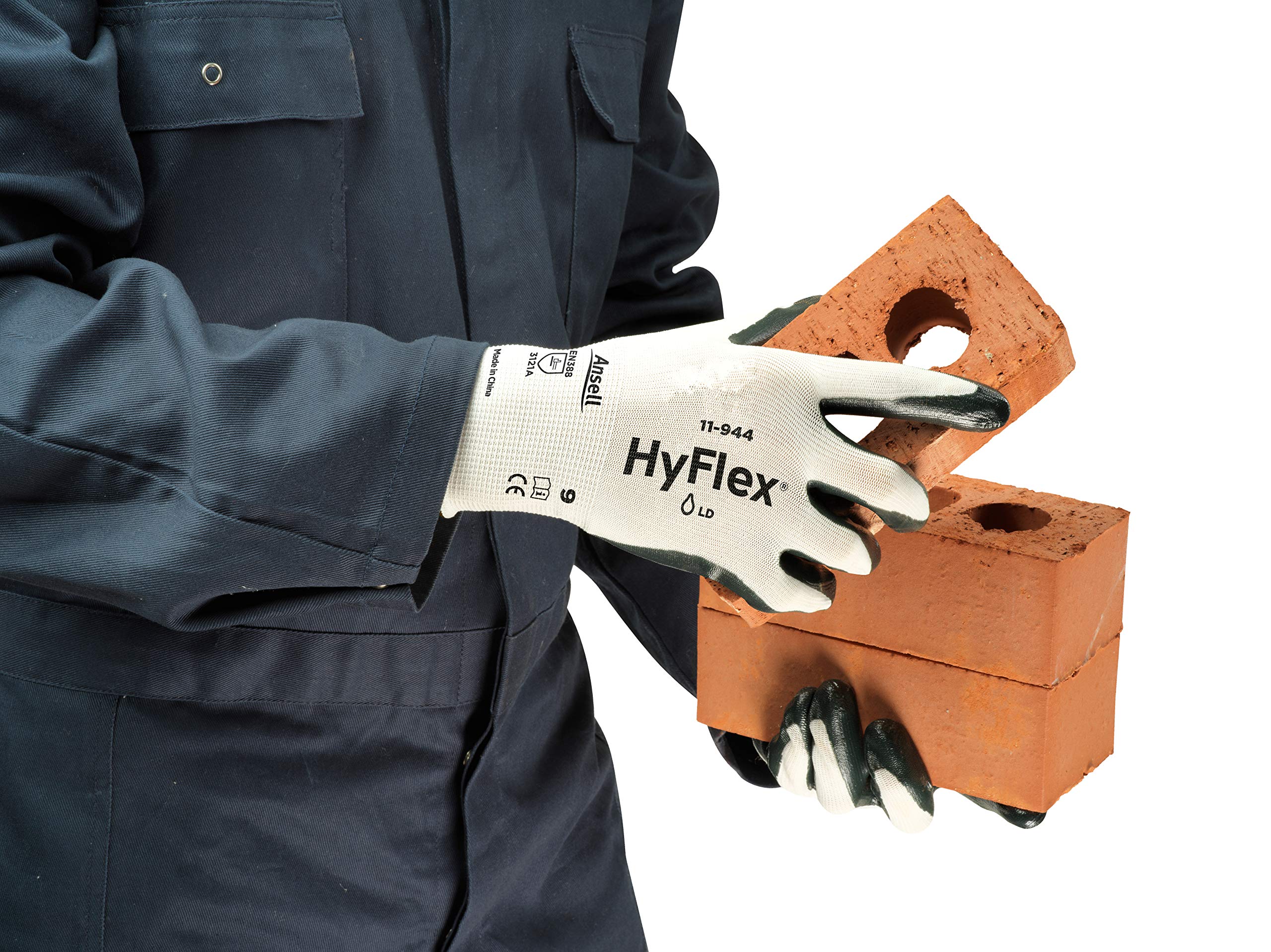 Ansell HyFlex 11-944 Gants de Travail Oléofuges, Résistant à l’Abrasion, Protection Mécanique et Risques Industriels, Gant de Sécurité Homme Femme, Lavable, Noir, Taille L (12 Paires)