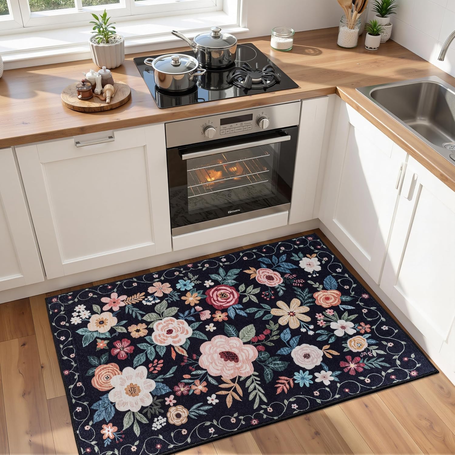 2x3 Black Floral Area Rugs for Entryway, Washable Vintage Stain-Resistant Door Mat, Non-Slip Low-Pile Throw Rugs for Bedroom, Living Room, Dining Room, Home Decor