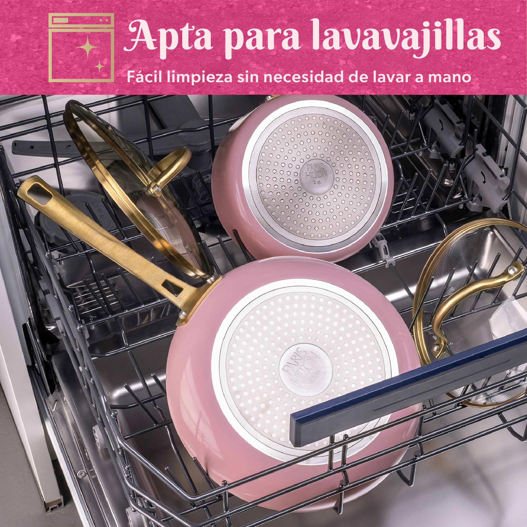Fackelmann Paris Hilton – Sartén de aluminio con revestimiento cerámico antiadherente, diámetro 25 x 45 cm, para todo tipo de fuegos, incluida inducción, apta para lavavajillas, mango dorado, rosa,