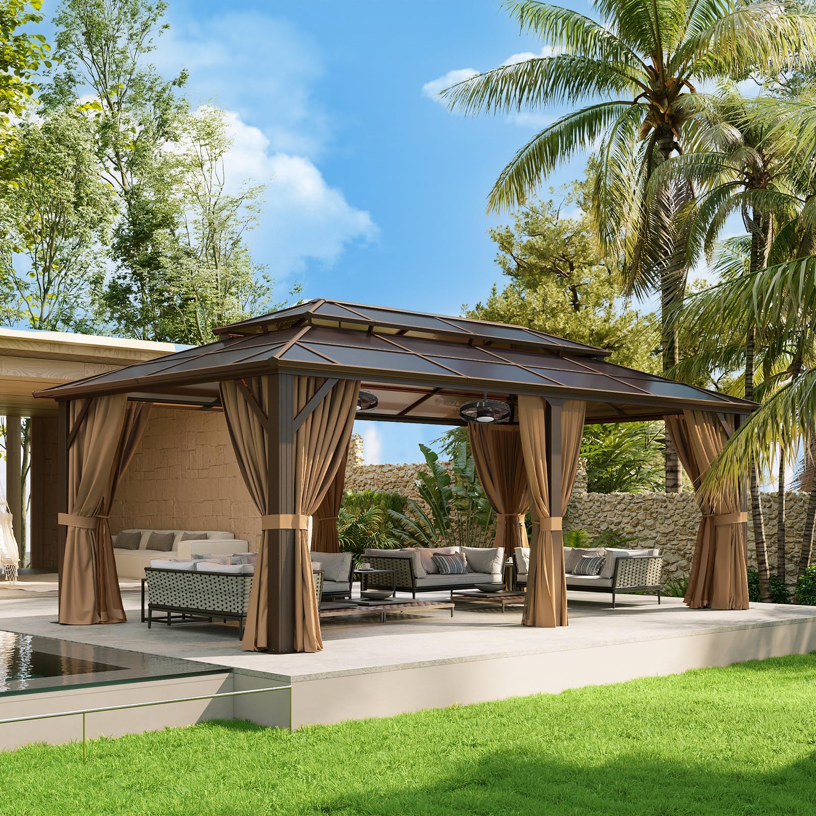 Aoxun 12x20 Hardtop Gazebo with Aluminum Frame & Curtains