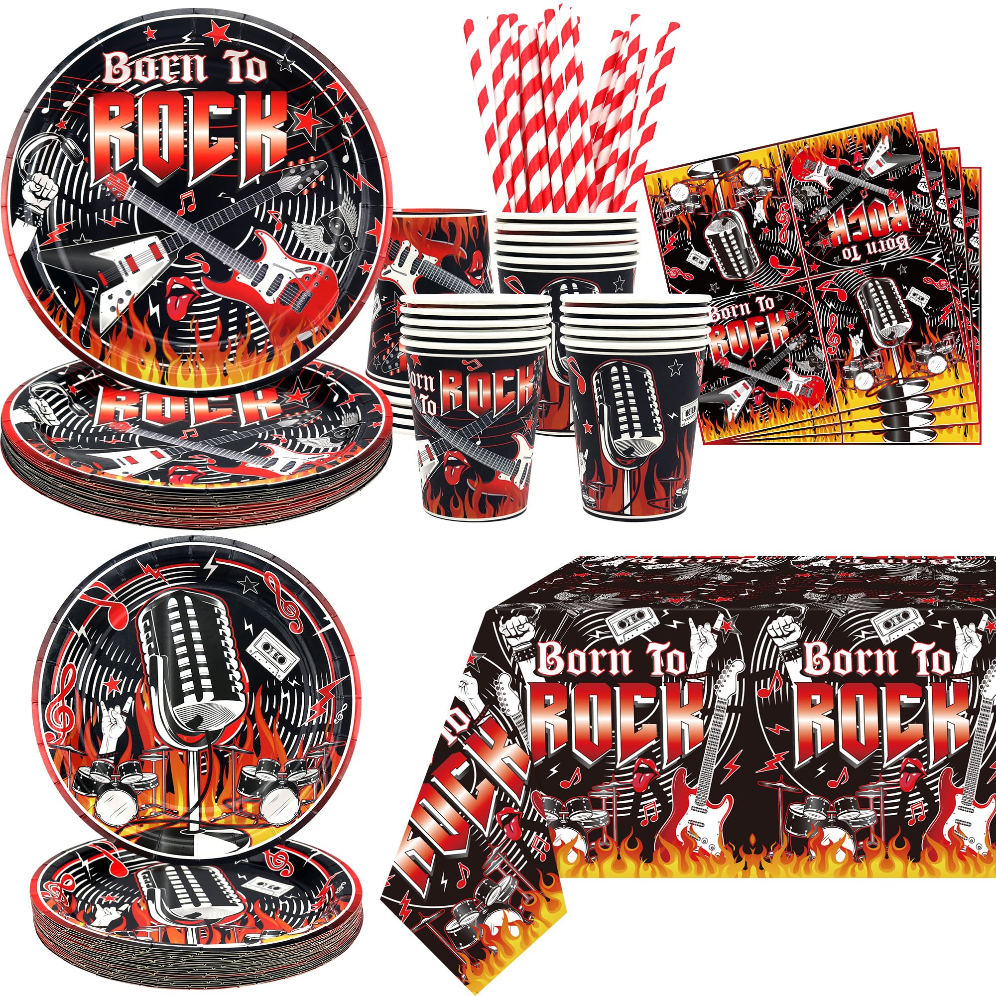 Rock and Roll Party Supplies, Including Plate , Napkins, Tablecloth, Straws ,for Rock Music Theme Party Decorations Serves 20 Guest