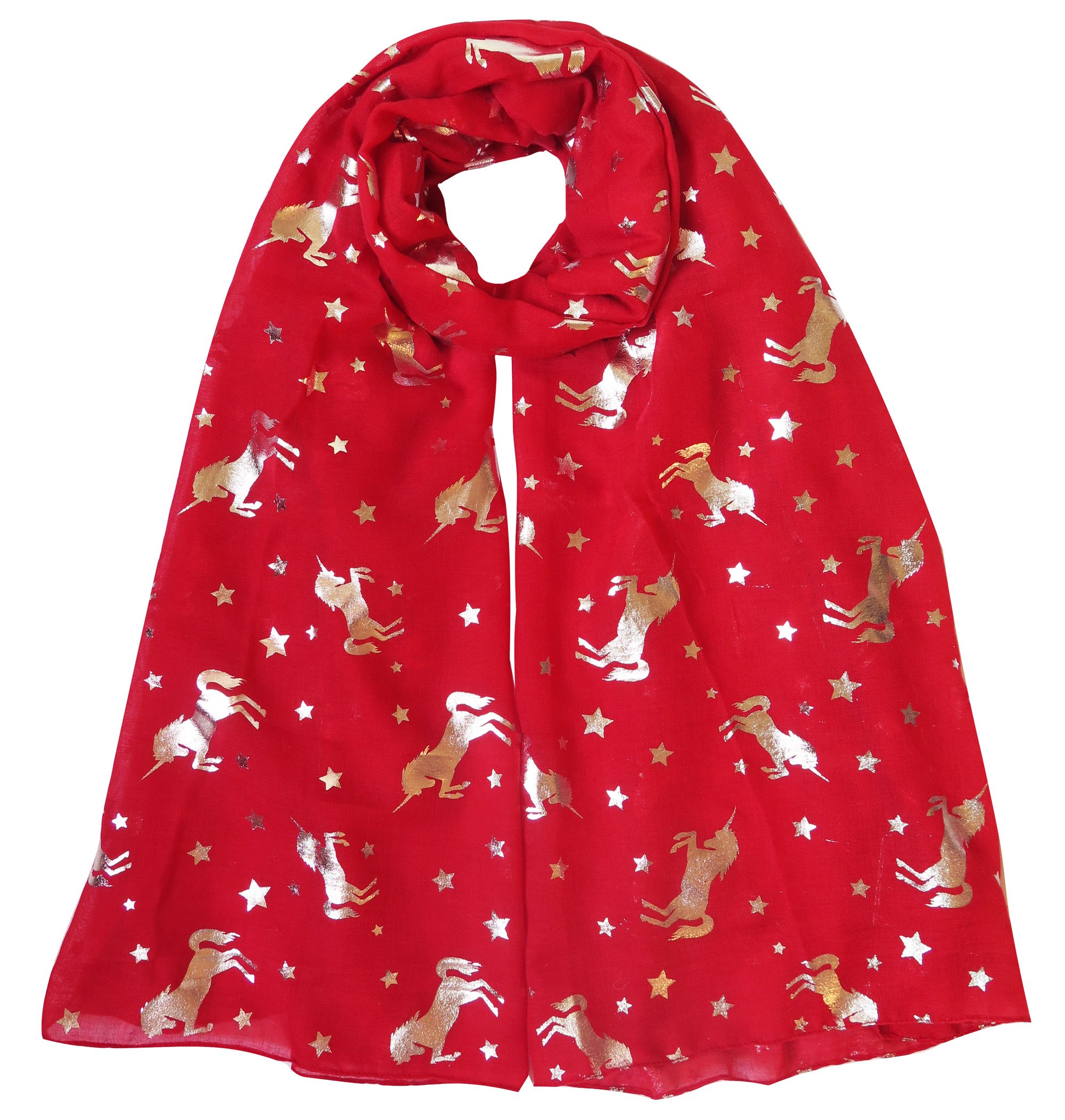 Lina & Lily Silver Unicorn Glitters Scarf Shawl Wrap (Red)