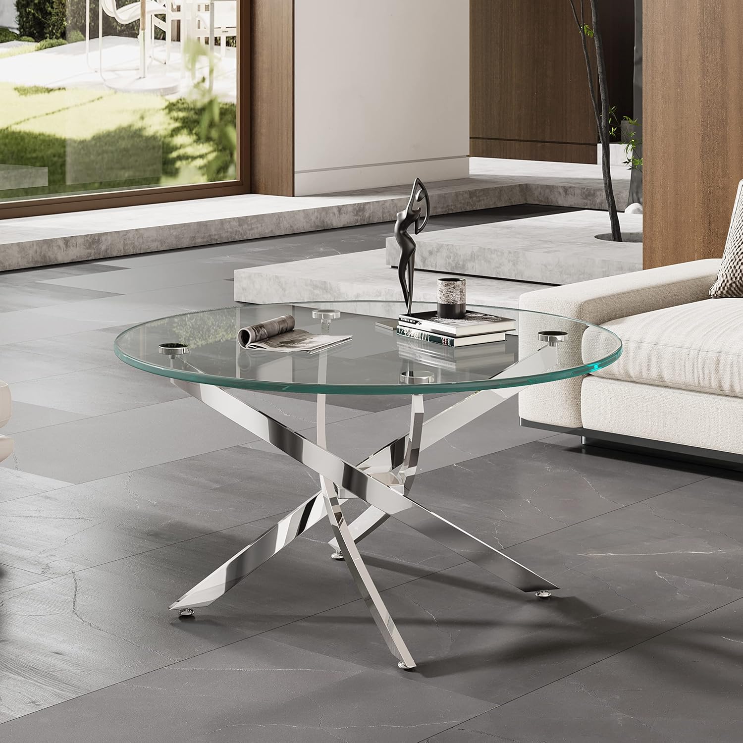 Amazon.com: Binrrio Round Glass Coffee Table with Chrome Legs 36 ...