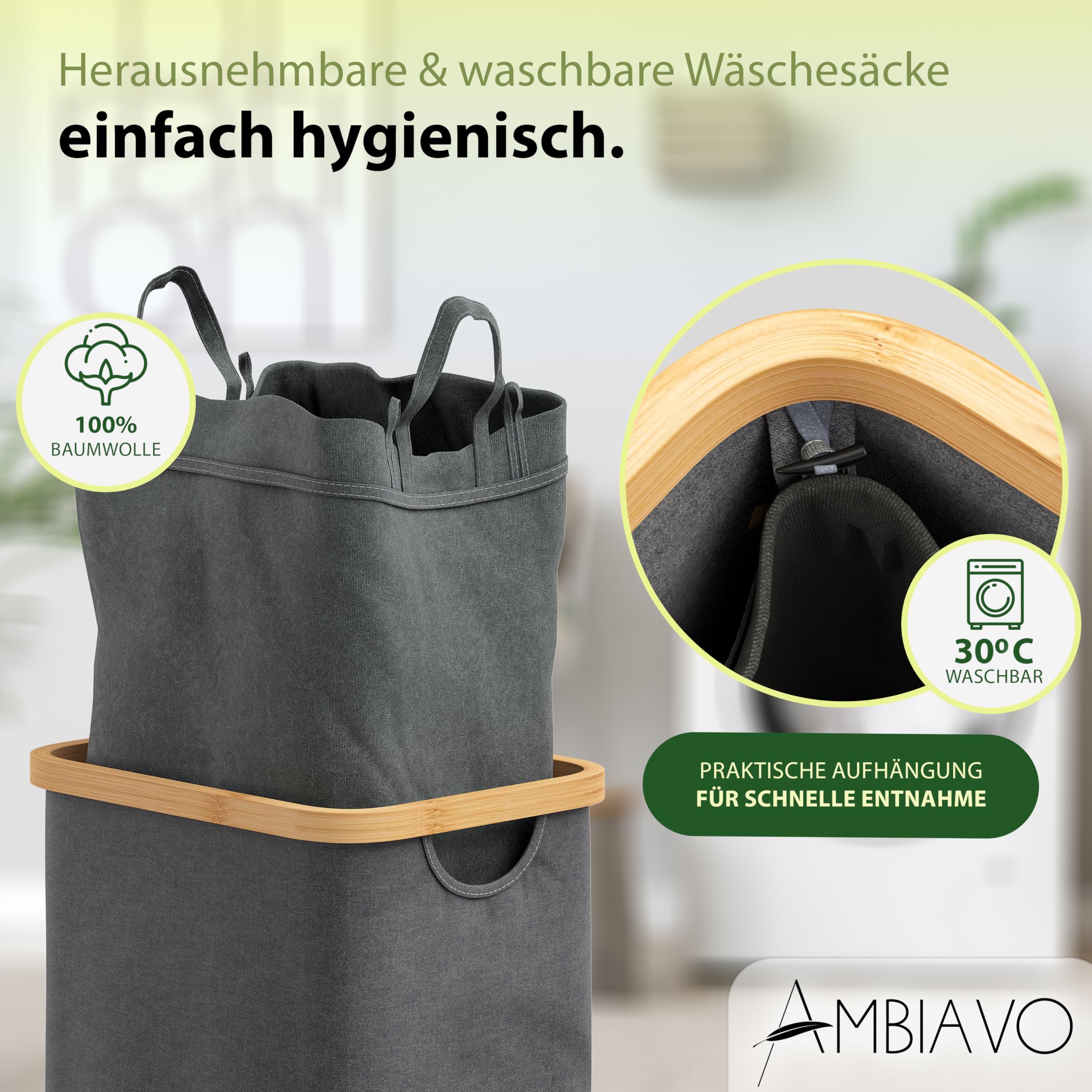 Wäschekorb 2 Fächer grau, schmal & 100 L Bambus · Wäschesammler mit Ablage · 50 L pro Fach · herausnehmbare, waschbare Wäschesäcke