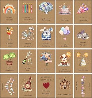 Geburtstagskarten 20er-Set mit Umschlag - Glückwunsch Klappkarten - Geschenkkarte Geburtstag - Glückwunschkarte für Männer und Frauen