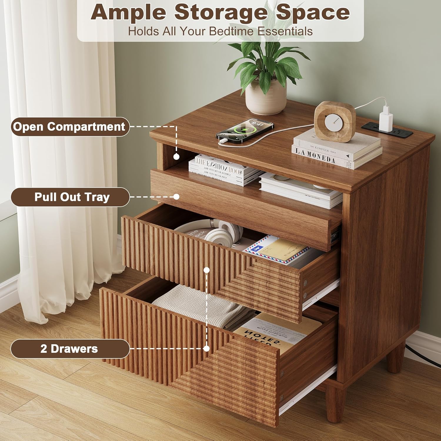 Fluted 23" Wide Wood Dresser with 3 Drawers, Modern Wooden Chest, Built-in Charging Station with 2 AC/USB-C Ports, Anti-Tipping, Hidden Handle for Bedroom/Living Room (TV Stand Compatible), Walnut