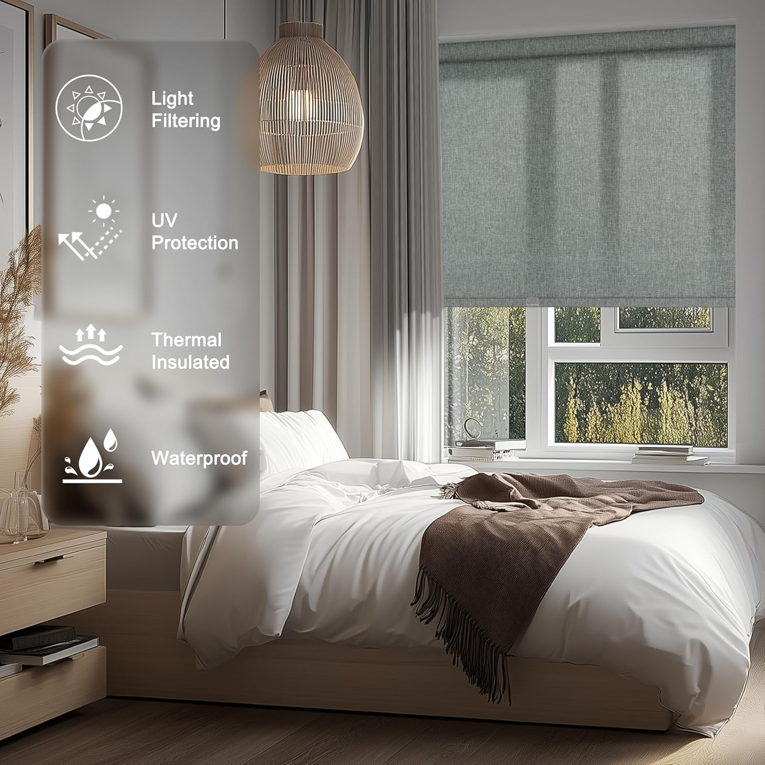 BERISSA Light Filtering Roller Shades for Indoor Window,Free-Stop Cordless Natural Linen Fabric Window Blinds Thermal Insulated UV Protection Roller Window Shades for Home,Filtering Gray,20"W x 36"H