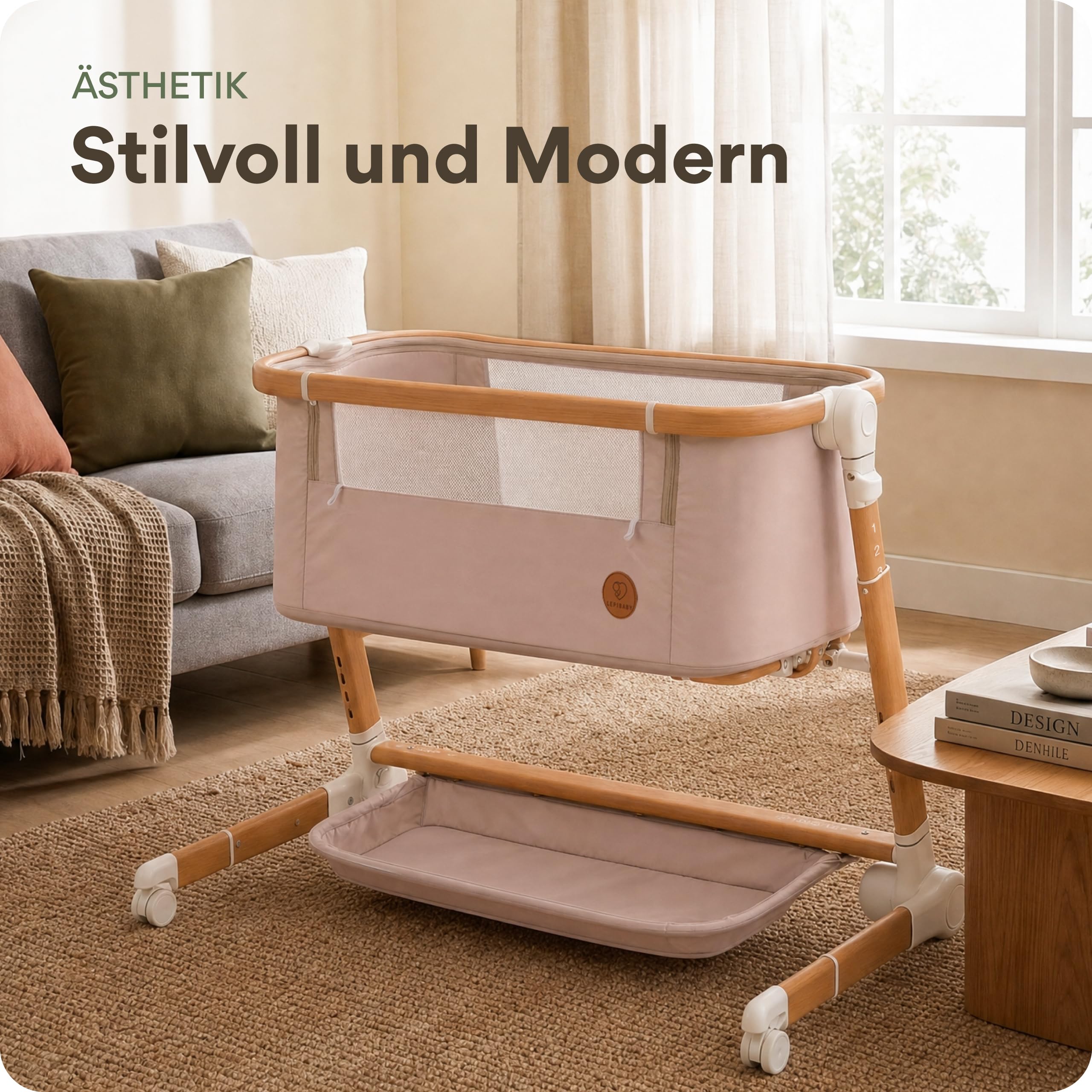 MaliDa Babybett mit Rollen | Beistellbett Baby Boxspringbett | Stubenwagen Höhenverstellbar mit Wiegefunktion | Reisebett Baby mit Matratze | Bett, Babywiege, Crib, Bassinet, Bed | Hell