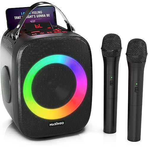 MASINGO Karaoke Machine for Kids and Adults with 2 Wireless Bluetooth Microphones, Portable 3D Sound Speaker with Colorful LED Lights, Supports TF Card/USB, AUX in, FM, TWS for Home Party, Cantando C2