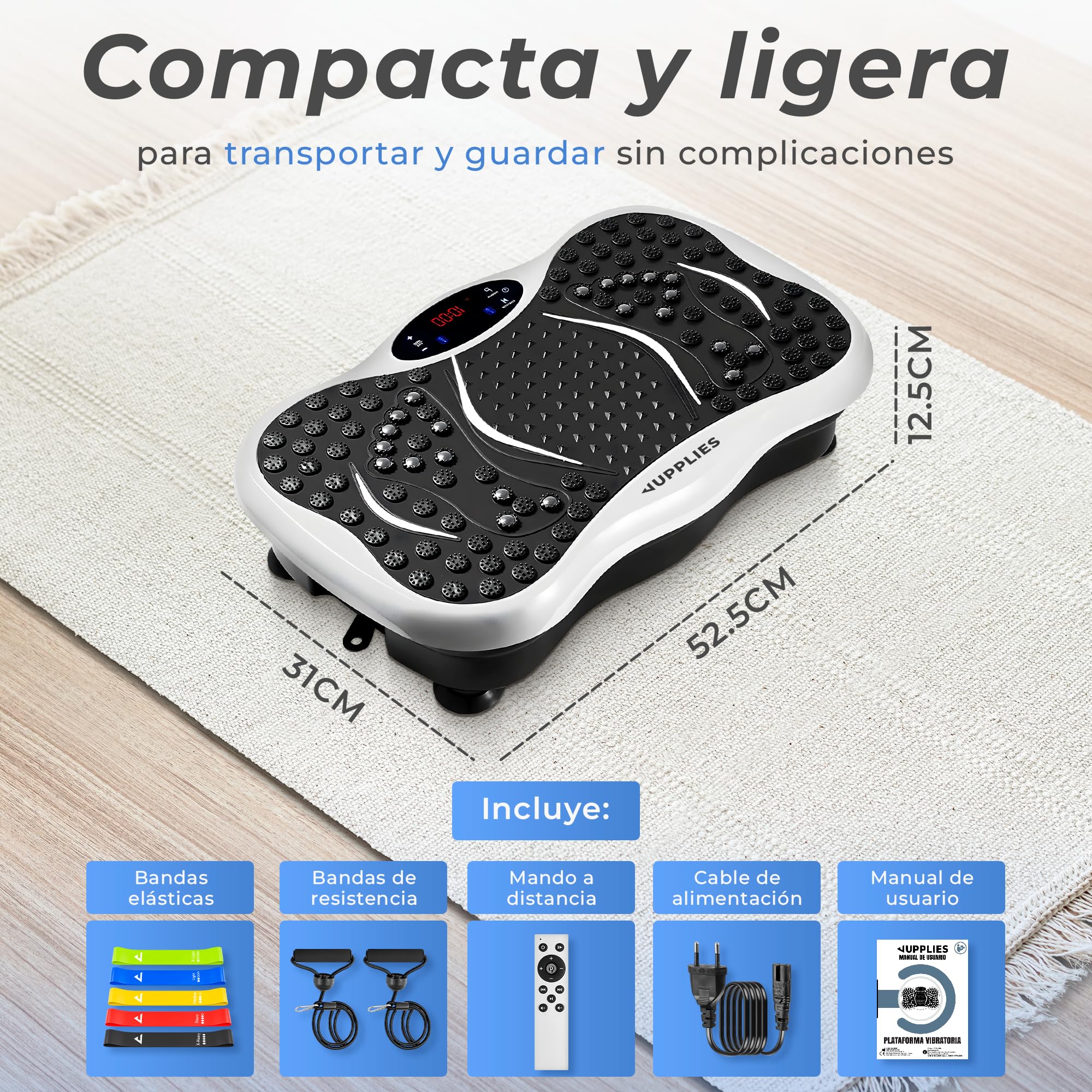 JUPPLIES Plataforma Vibratoria 200W - 5 Modos, 99 Velocidades, Bluetooth, Mando y 5 Bandas Elásticas - Plataforma Vibración Muscular para Adelgazar y Tonificar