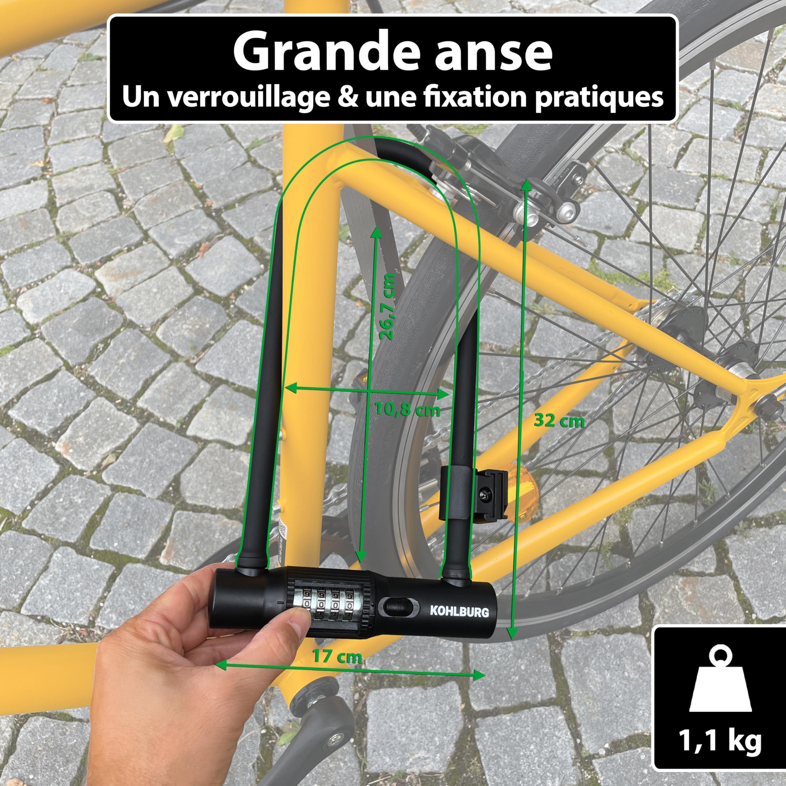 KOHLBURG Antivol en U, avec serrure à combinaison pour vélo, avec support | Antivol en U avec code, Serrure à combinaison vélo - haute sécurité pour vélo électrique - noyau en acier de 12 mm