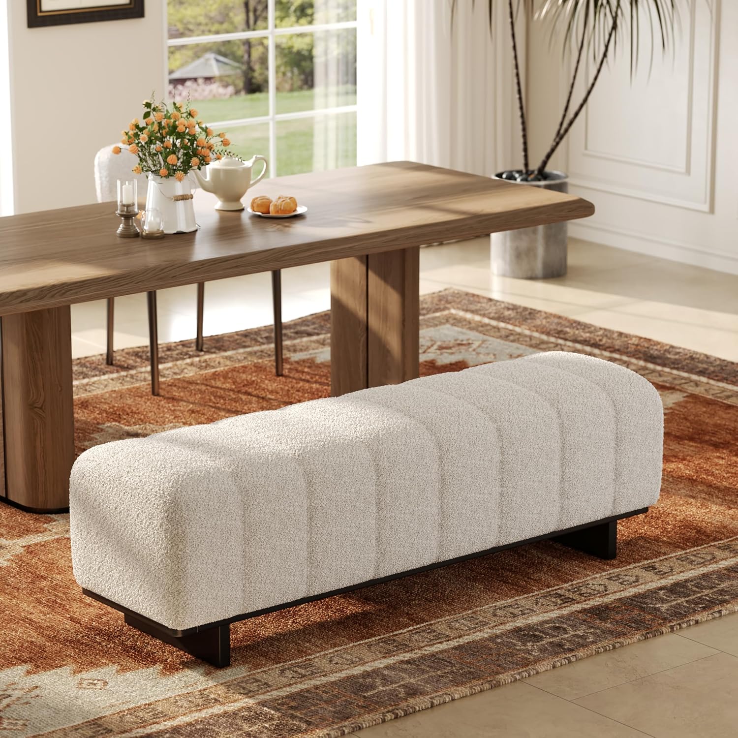 Christopher Knight Home Lamie Faux Fur Upholstered Dining Bench, Wooden Entryway Bench, Long Sofa Footstool for Living Room, Bedroom End of Bed Bench, Beige+Black
