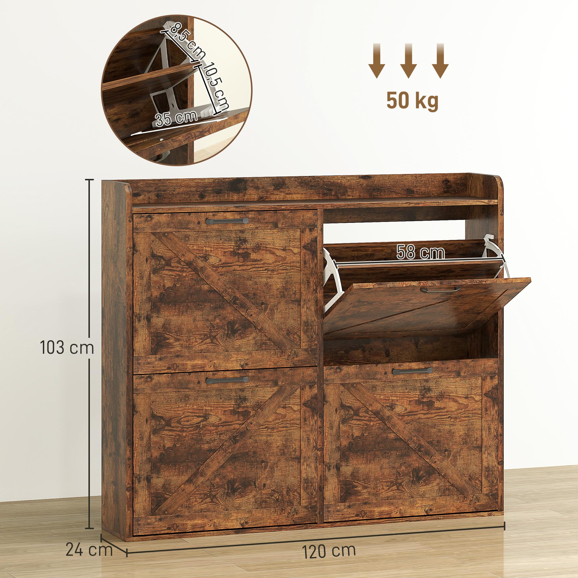 HOMCOM Mueble Zapatero Estrecho 4 Puertas 120x24x103 cm Marrón Rústico | Zapatero, Estantes Ajustables, Estilo Industrial, para 24 Pares de Zapatos, hasta Talla 46, para Recibidor Entrada