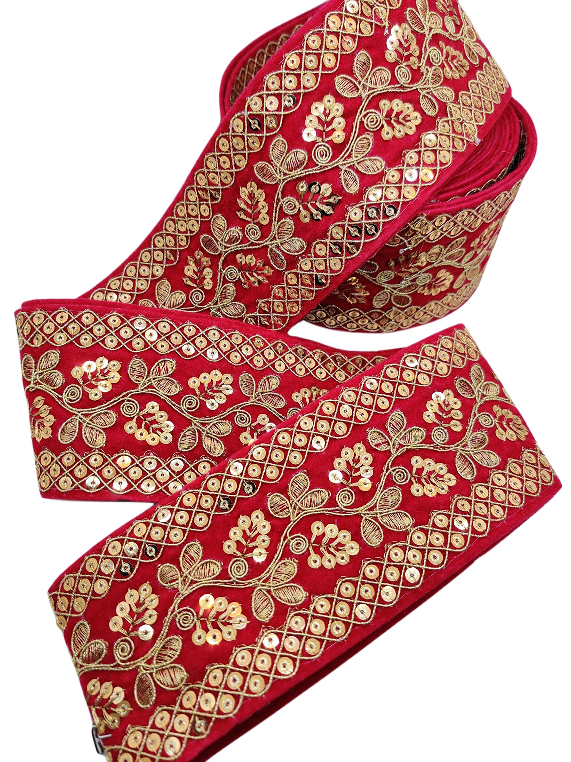 VARNI ART Sequence Velvet Zari Lace for Sewing, Decoration & Crafts | Elegant Border Trim for Sarees, Lehengas, Dresses, and DIY Projects (7.5 Cm Width, 9 Meter - Rani)