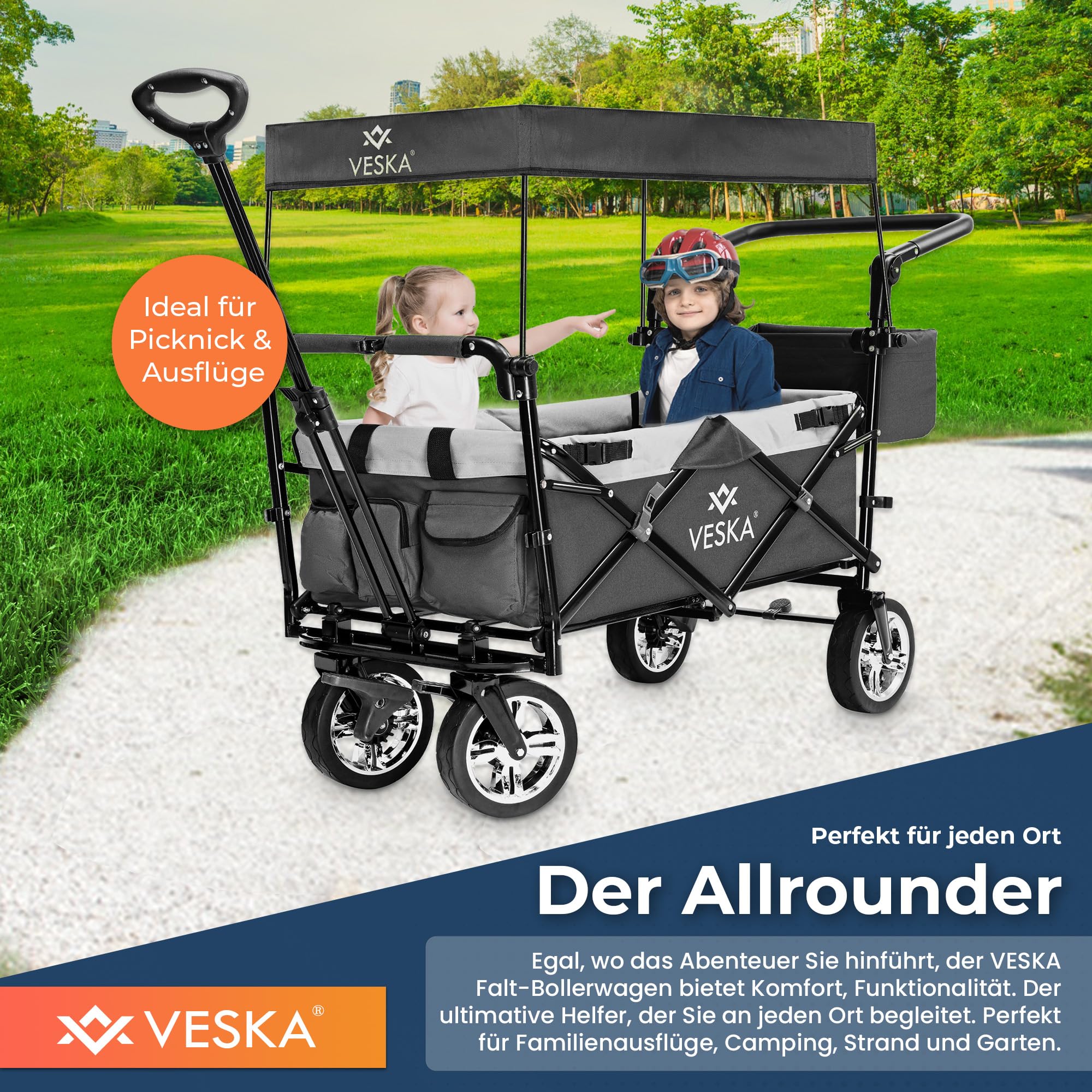 Bollerwagen faltbar mit Dach, Moskitonetz, Regencover, Handwagen Transportwagen | 2 Sitzer, Gurtsystem | klappbar | Vollgummi-Reifen | bis 80 kg | Vorder- und Hinter-Bremse + Tragetasche (anthrazit)
