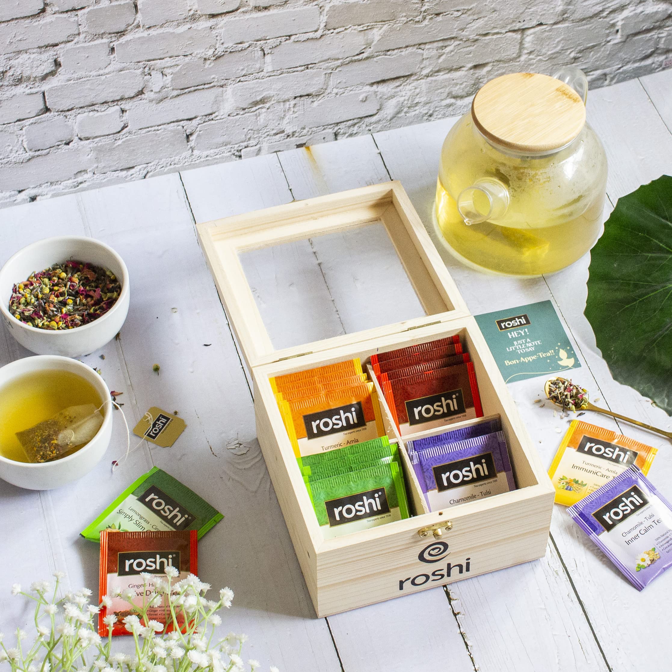 Roshi Premium Green Tea Assortment Pinewood Gift box | Pack of 40 tea bags | Festival Gift Box for any occassion | Herbal & Green Tea Collection of 4 exotic flavors | Healthy Gift Pack | Travel Edition (B09H71D564) Amazon Price History, Amazon Price Tracker