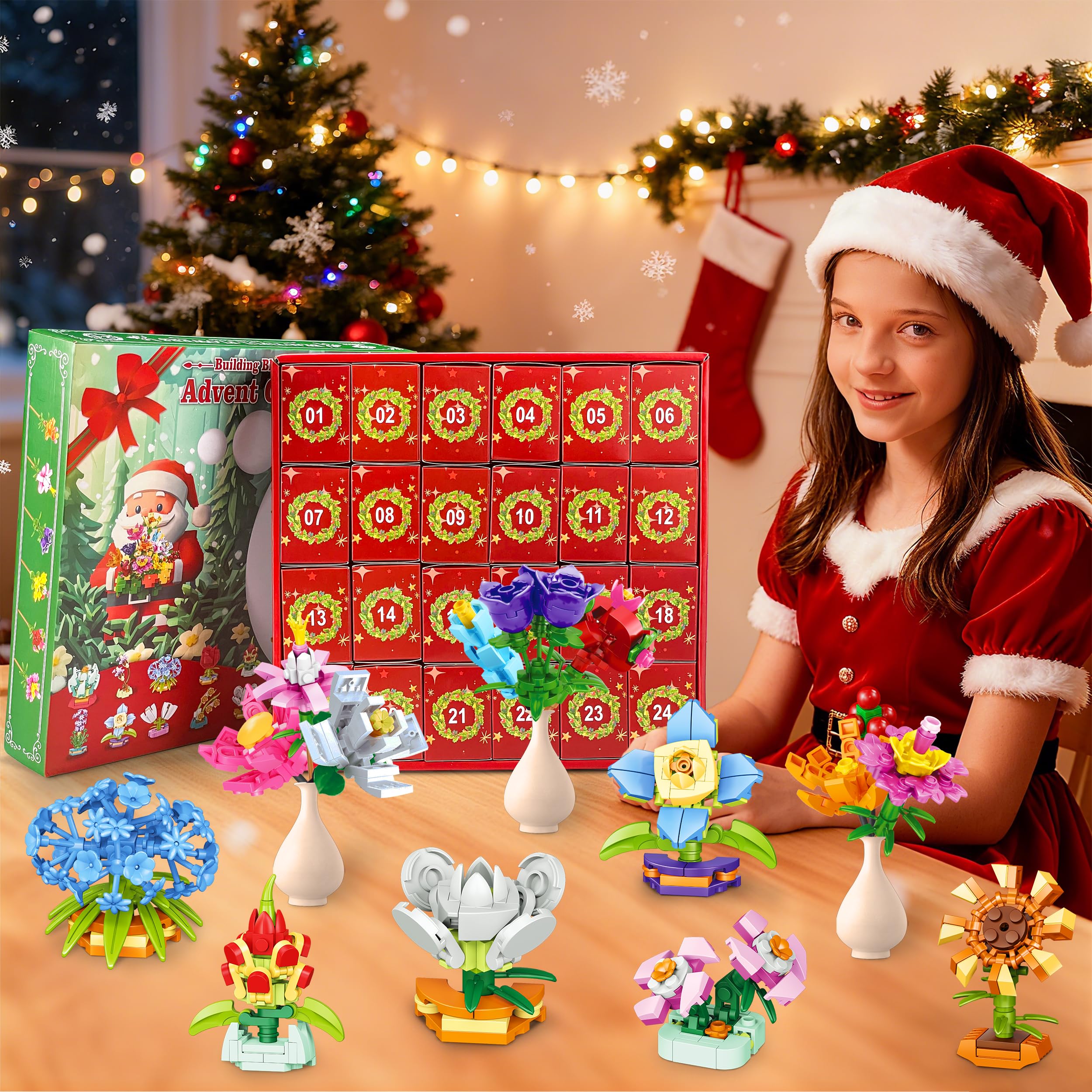 LINAYE Blumen Adventskalender 2025 für Mädchen – Weihnachtskalender mit 24 Blumen Bausteinen für Mädchen und Frauen, Weihnachts Countdown Kalender Flowers Advent Calendar Geschenk für Kinder