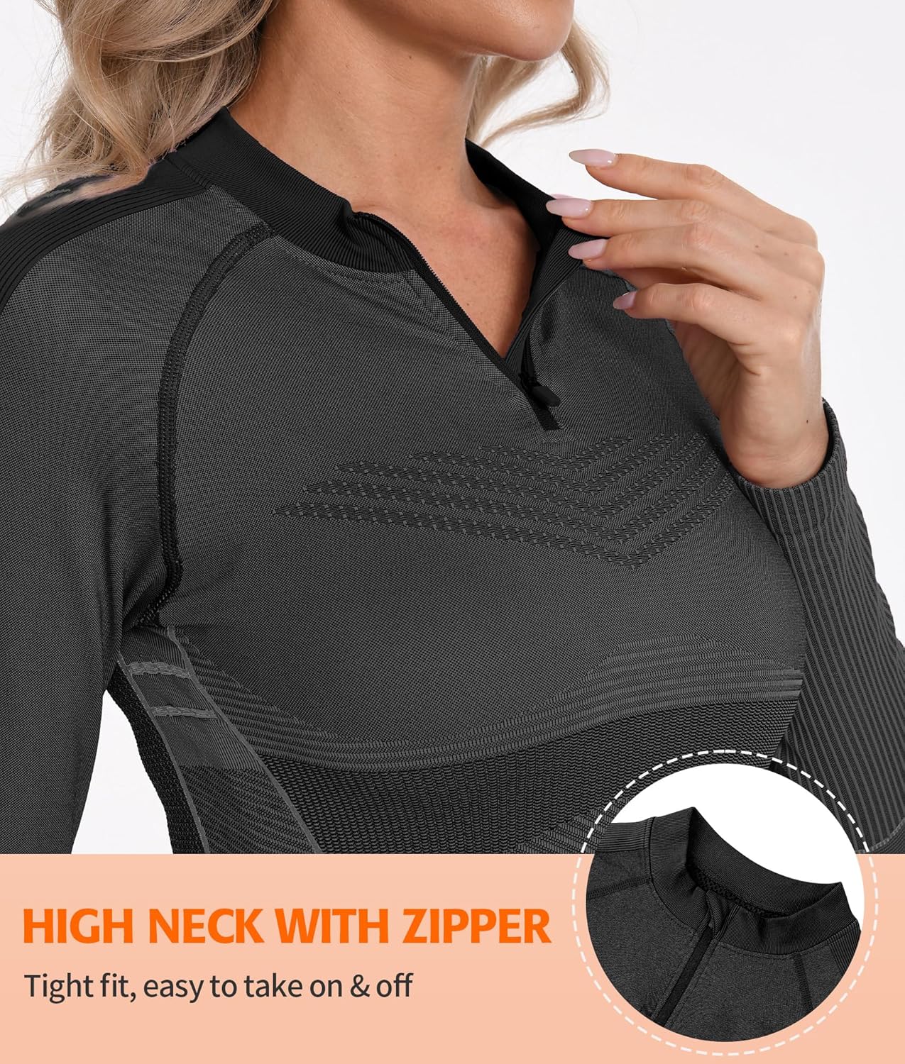 ATTRACO Long Sleeve Workout Tops for Women Zip Up Seamless Athletic Base Layer High Neck Thermal Tops - Image 5
