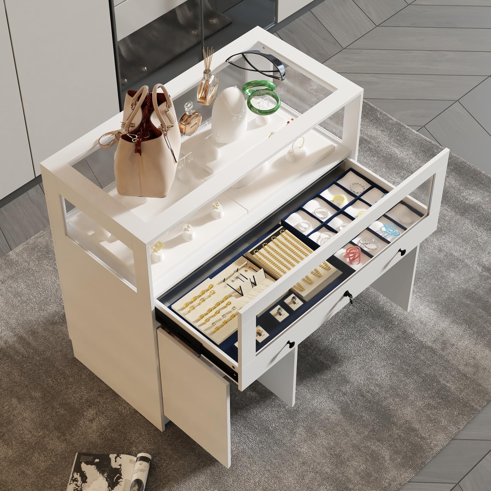 ROMSHINE Lockable Glass Display Cabinet Closet Island, Glass Top Storage Cabinet for Retail, Collectibles Showcase with 3 Doors, Walk in Display