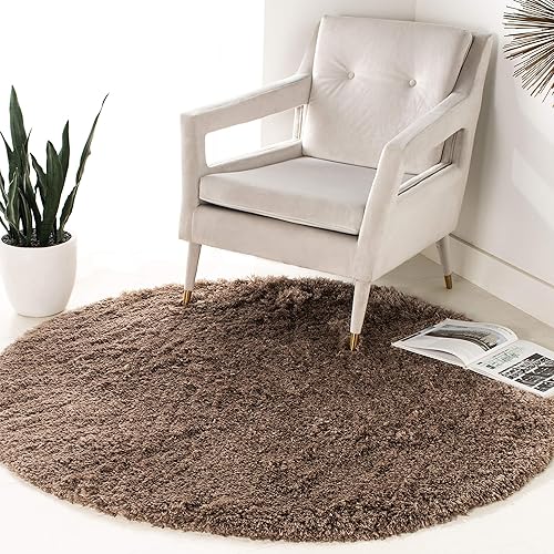 Safavieh Polar Shag Collection PSG800C Solid Glam 3-inch Extra Thick Area Rug, 6'7" x 6'7" Round, Mushroom