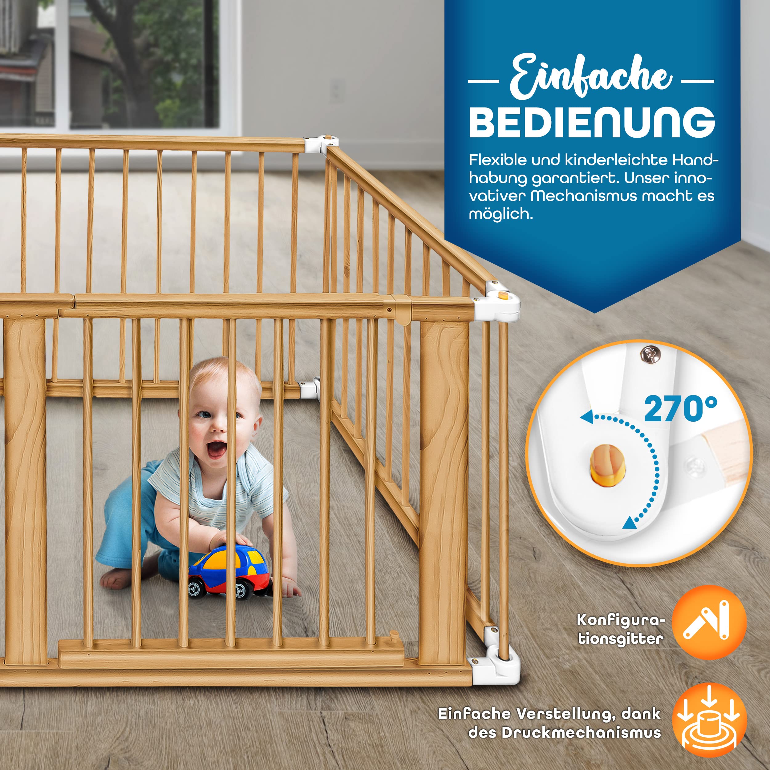 KIDUKU® 7,2 Meter Baby Laufgitter XXL klappbar inkl. Tür | Laufstall mit doppelter Sicherung | Absperrgitter für Kinder inkl. 8 Elementen | Krabbelgitter individuell formbar