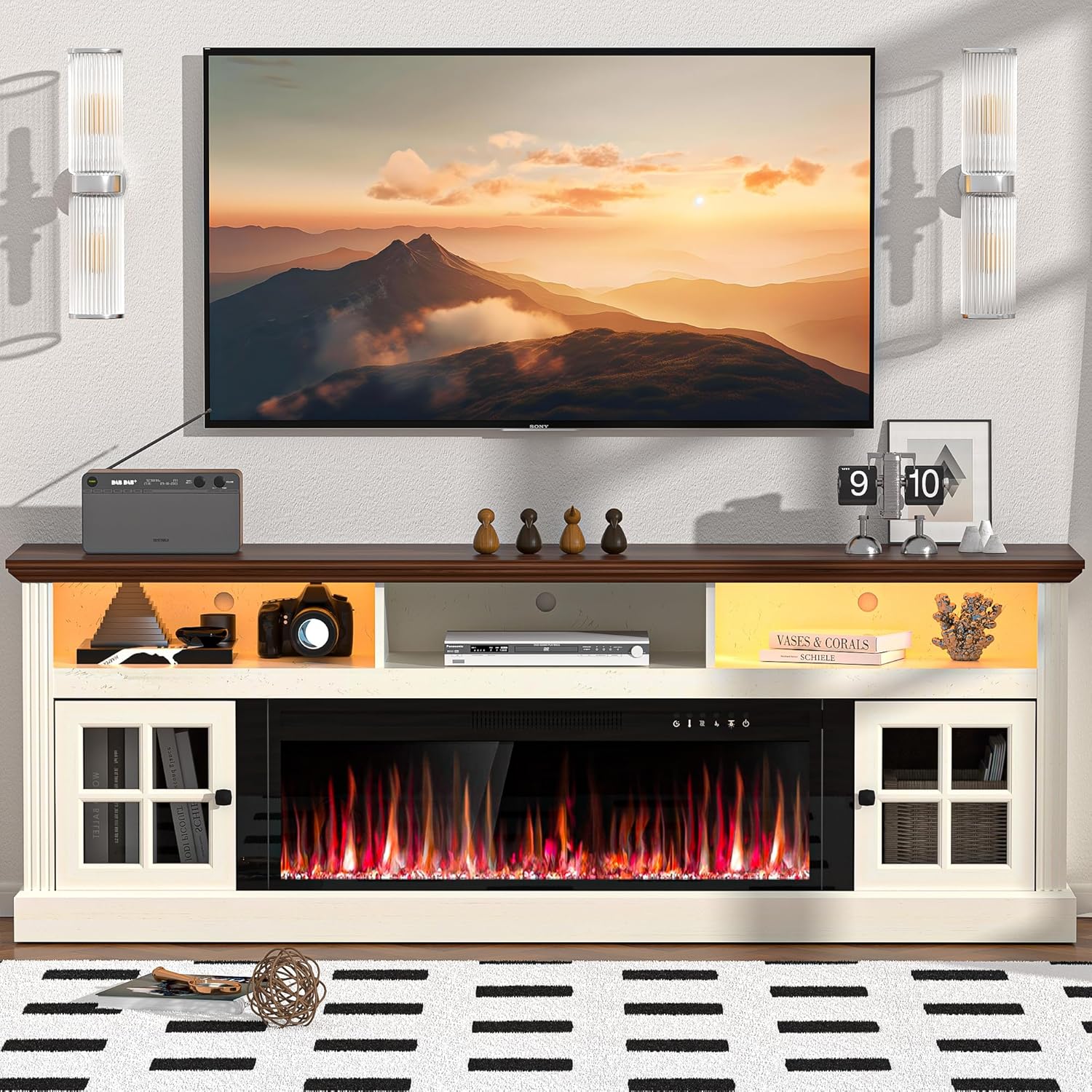 Spurgehom 70" Fireplace TV Stand for TVs Up to 80" with 36" Electric Fireplace,White Entertainment Center with Storage Cabinets and Glass Door, Led Light TV Consoles, Farmhouse Media Console Table