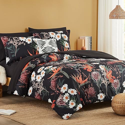 Miniatura 2 de CASAAGUSTO Juego de edredón tamaño Queen, 8 piezas de edredón floral negro con patrón de flores y hojas, diseño de sirsaca suave para todas las