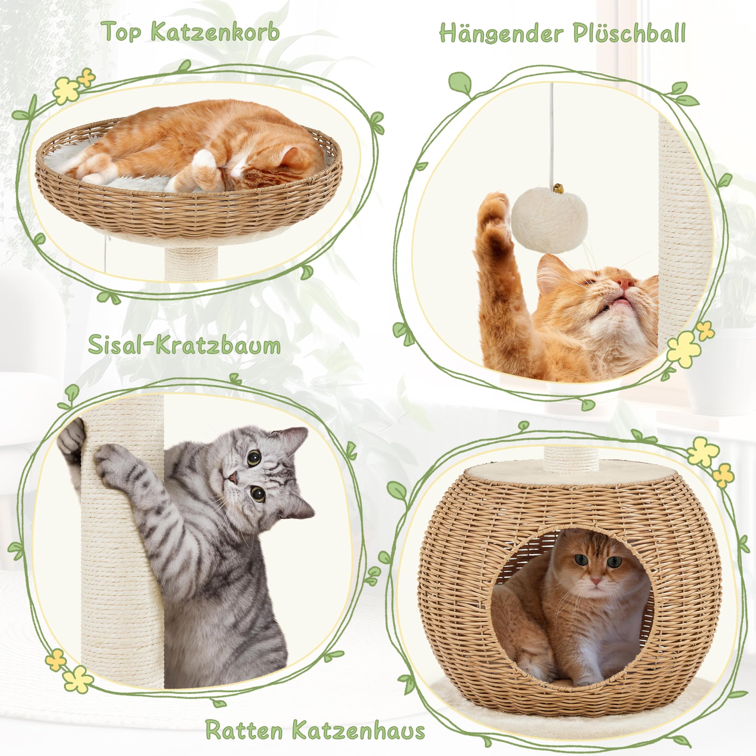 Yaheetech Kratzbaum Ratten Kletterbaum für große Katze, Stabiler Katzenkratzbaum mit Katzenhöhle Plüschball Katzenkorb Sisal Katzenmöbel 75 cm Beige