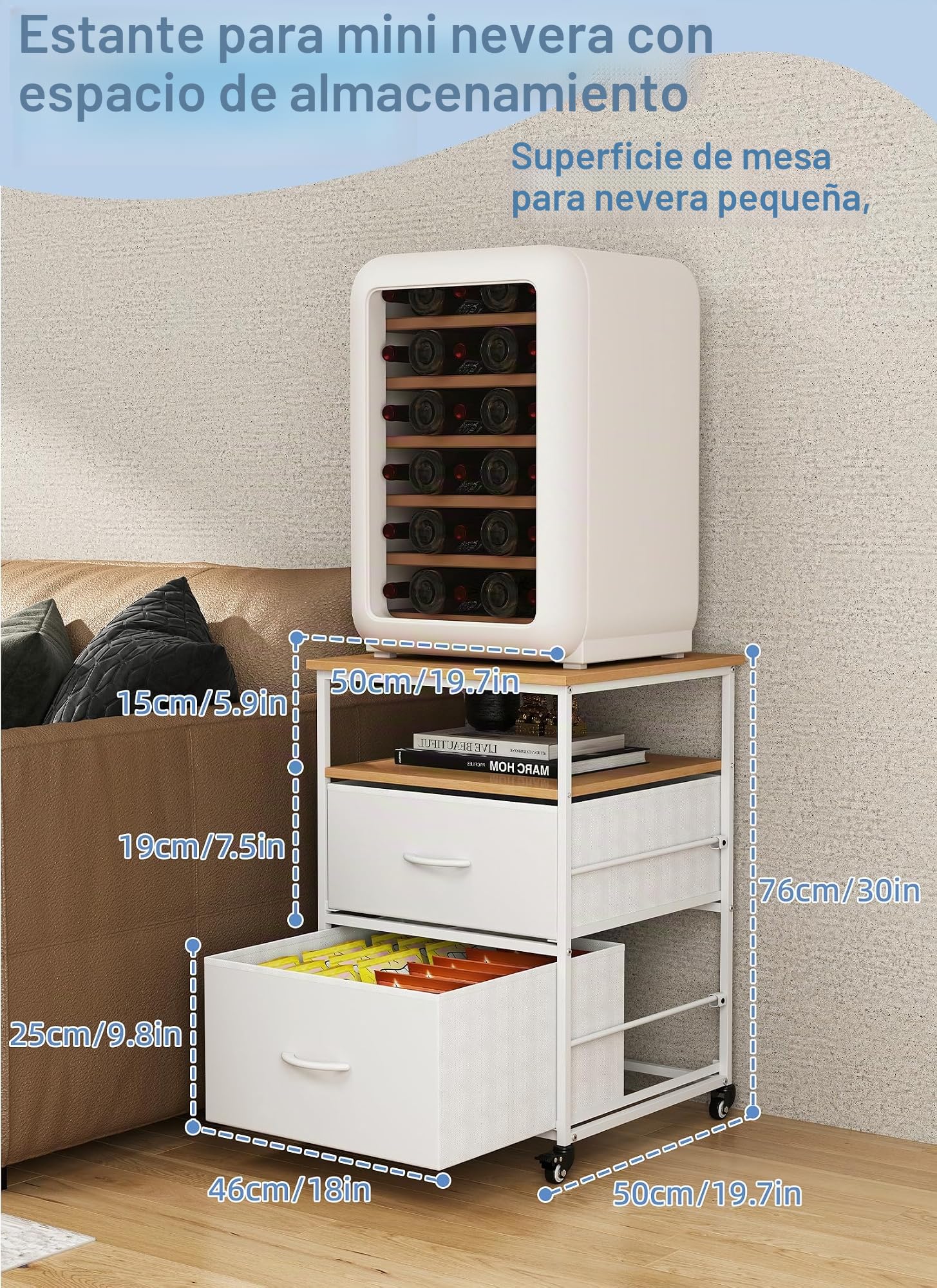 Miniestantería portátil para frigorífico con 4 ruedas, armario con 2 cajones, carrito de cocina, mesa auxiliar de 76 cm, mini soporte para nevera pequeña, para mini nevera, cocina, salón