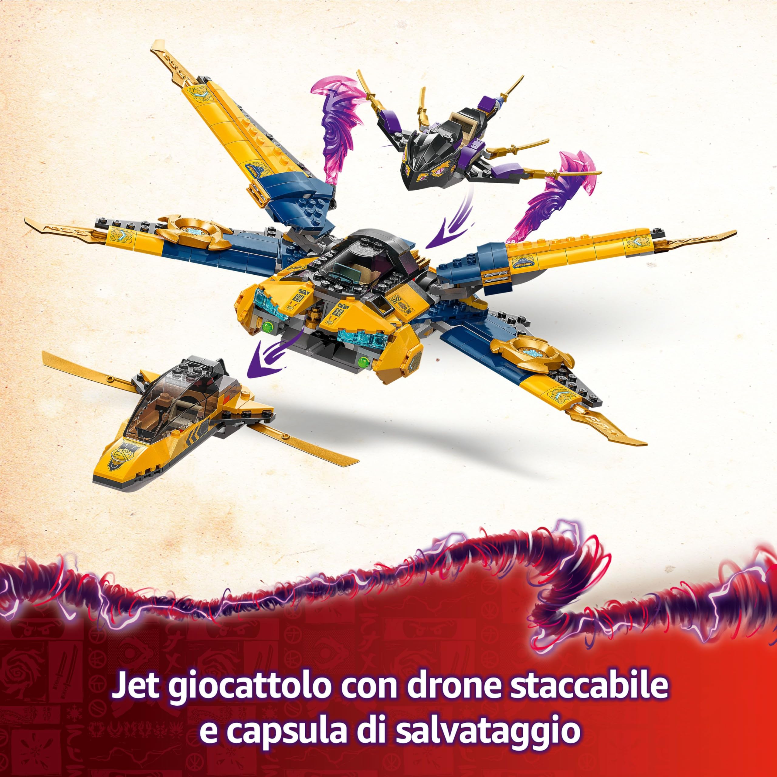 LEGO NINJAGO Jet Super Storm di Ras e Arin - Aereo Giocattolo da Costruire con Drone Staccabile, Capsula di Salvataggio e 3 Minifigure, Giochi per Bambini da 8 Anni da La Rivolta dei Draghi 71833