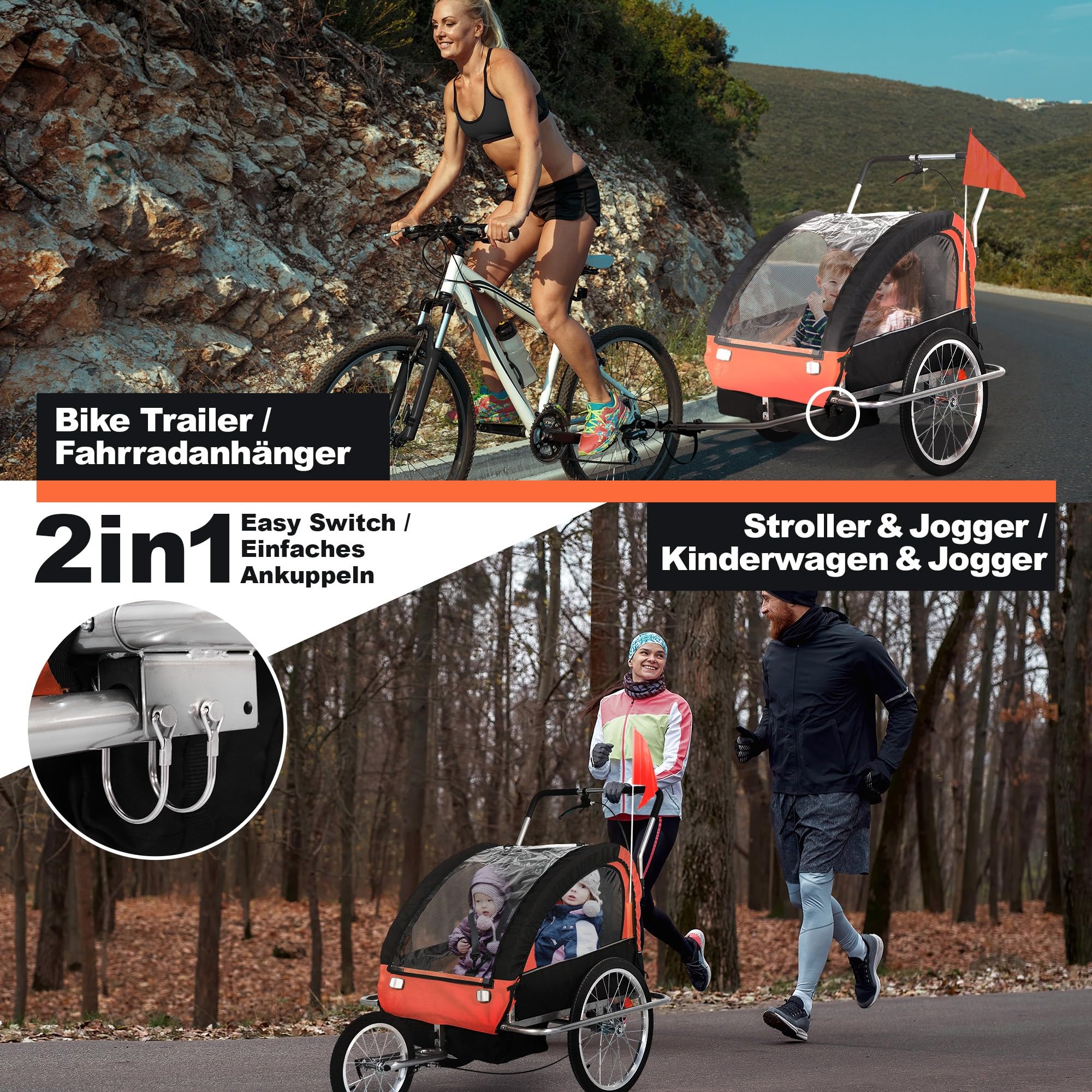 Jago® Remolque para Niños - 12+ Meses, 2 Plazas, Cinturón de Seguridad 5 Puntos, Plegable, Negro y Naranja - Cochecito de Paseo, Carrito, Bicicleta Infantil, Bici, Jogger, para Perros