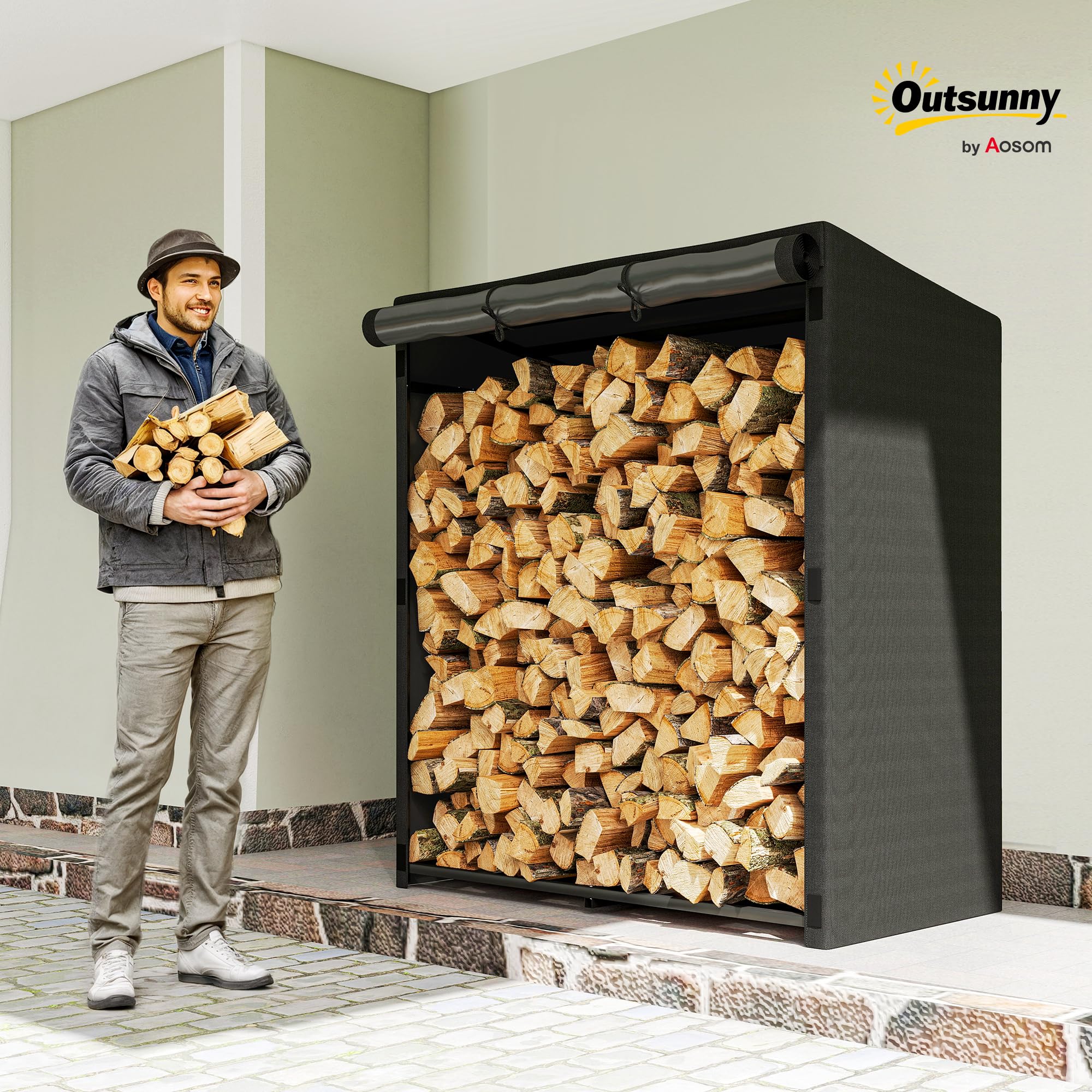 Outsunny Estante de Leña Metálico, Carga 300 kg, Leñero Exterior con Cubierta Impermeable 600D Oxford, Marco de Acero, Soporte para Leña de Chimenea, para Jardín, Terraza, 140x70x154 cm