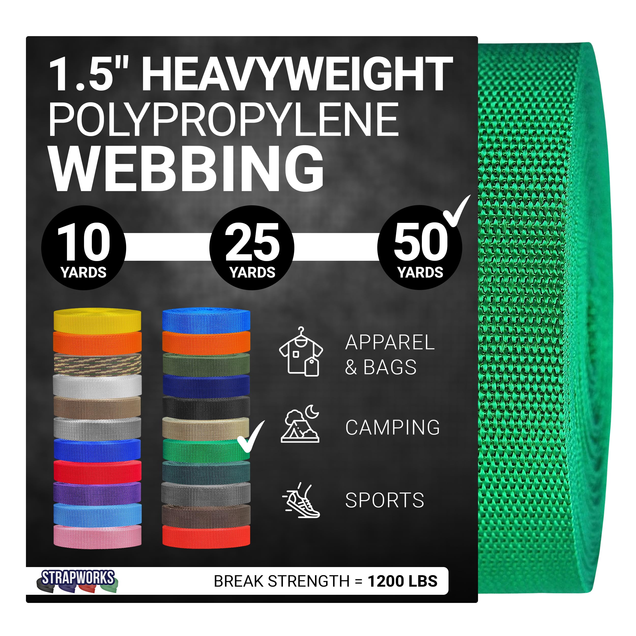 Strapworks Heavyweight Polypropylene Webbing - Heavy Duty Poly Strapping for Outdoor DIY Gear Repair, 1.5 Inches