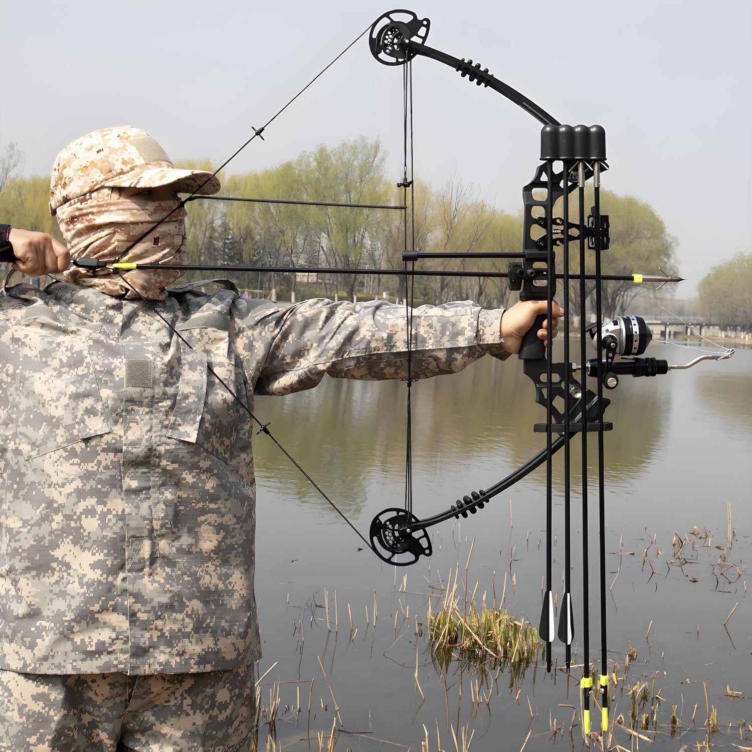 Bow Fishing Combo Kit 20-70 LBS Hunting Compound Bow Fishing Bow Set with Bowfishing Arrow and Fishing Reel for Bowfishing Archery Hunting Left & Right Handed (Black Left-Handed)