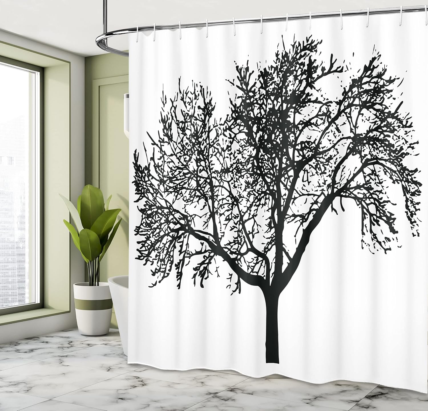Ambesonne Tree Shower Curtain, Silhouette Style Bare Branches in Monochromatic Design Nature Illustration, Cloth Fabric Bathroom Decor Set with Hooks, 69" W x 75" L, Charcoal Grey White