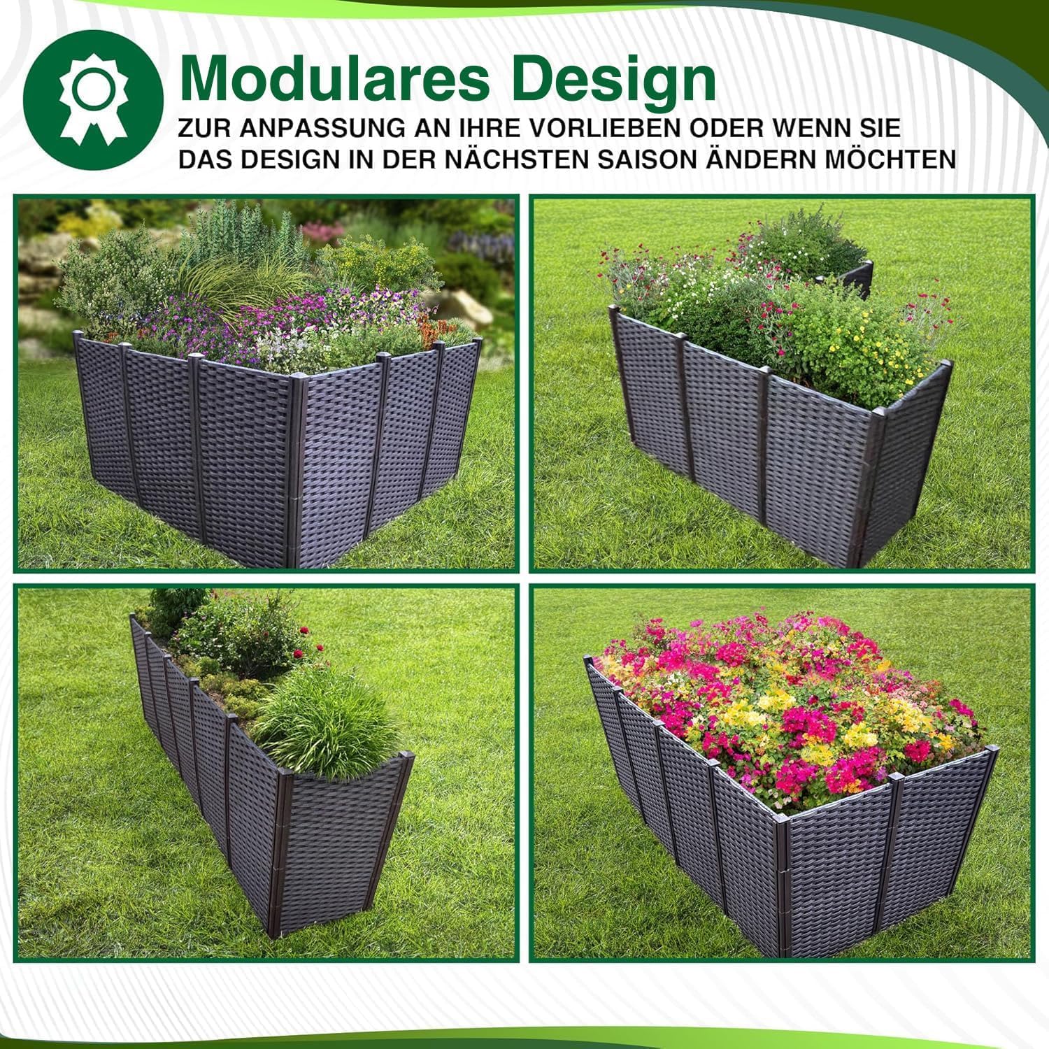 WIELS® Modulares Hochbeet für Garten, Rattan-Optik, 148 x 76 x 60 cm, Schwarz - Dunkelbraun, Pflanzbeet Frühbeet Gartenbeet Gemüsebeet Blumenbeet Kunststoff Plastik HDPE