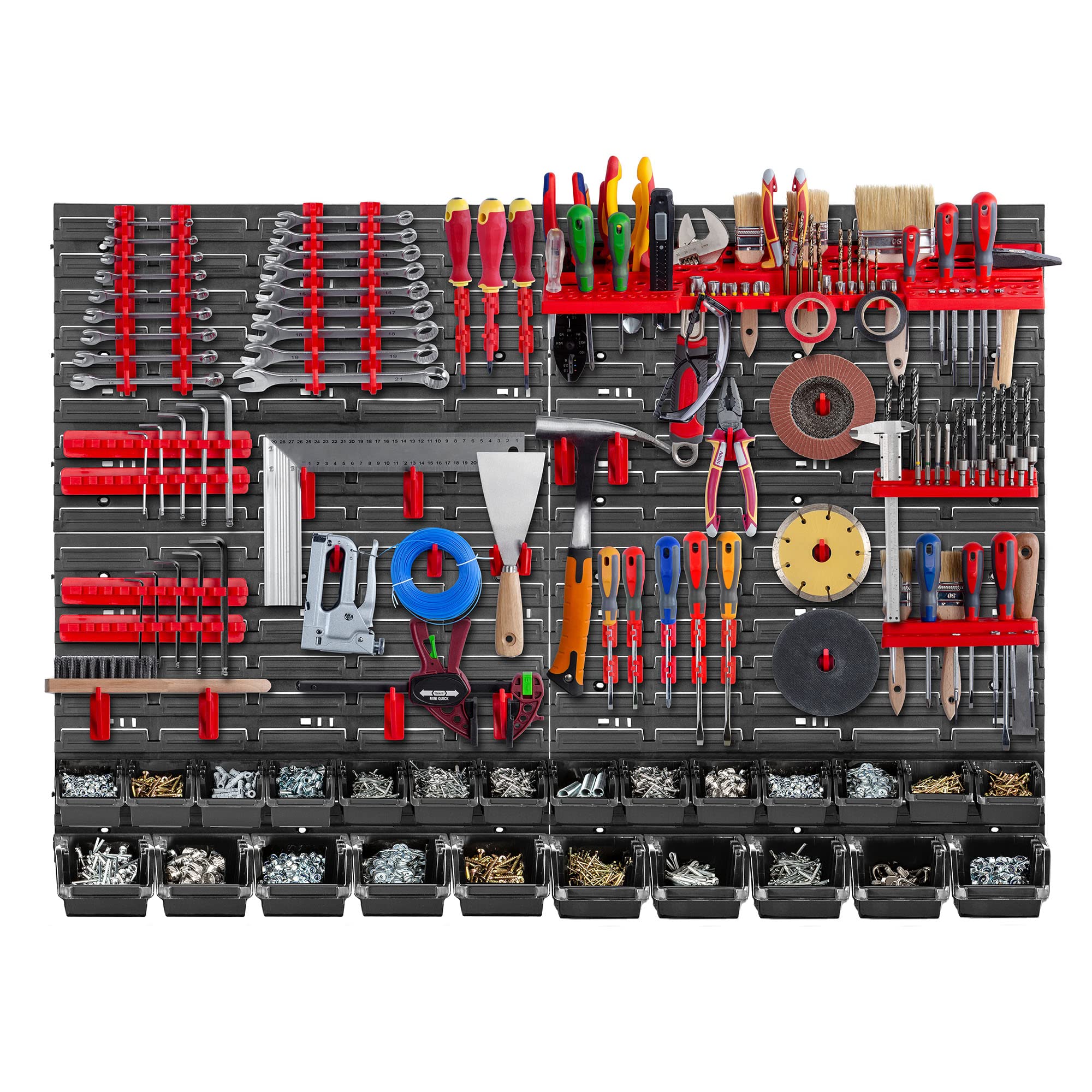 KADAX Estantería de pared para taller, 116 x 78 cm, sistema de almacenamiento de plástico resistente, resistente a los rayos UV, paneles de pared ampliables, estantería (rojo y negro, 67 piezas)