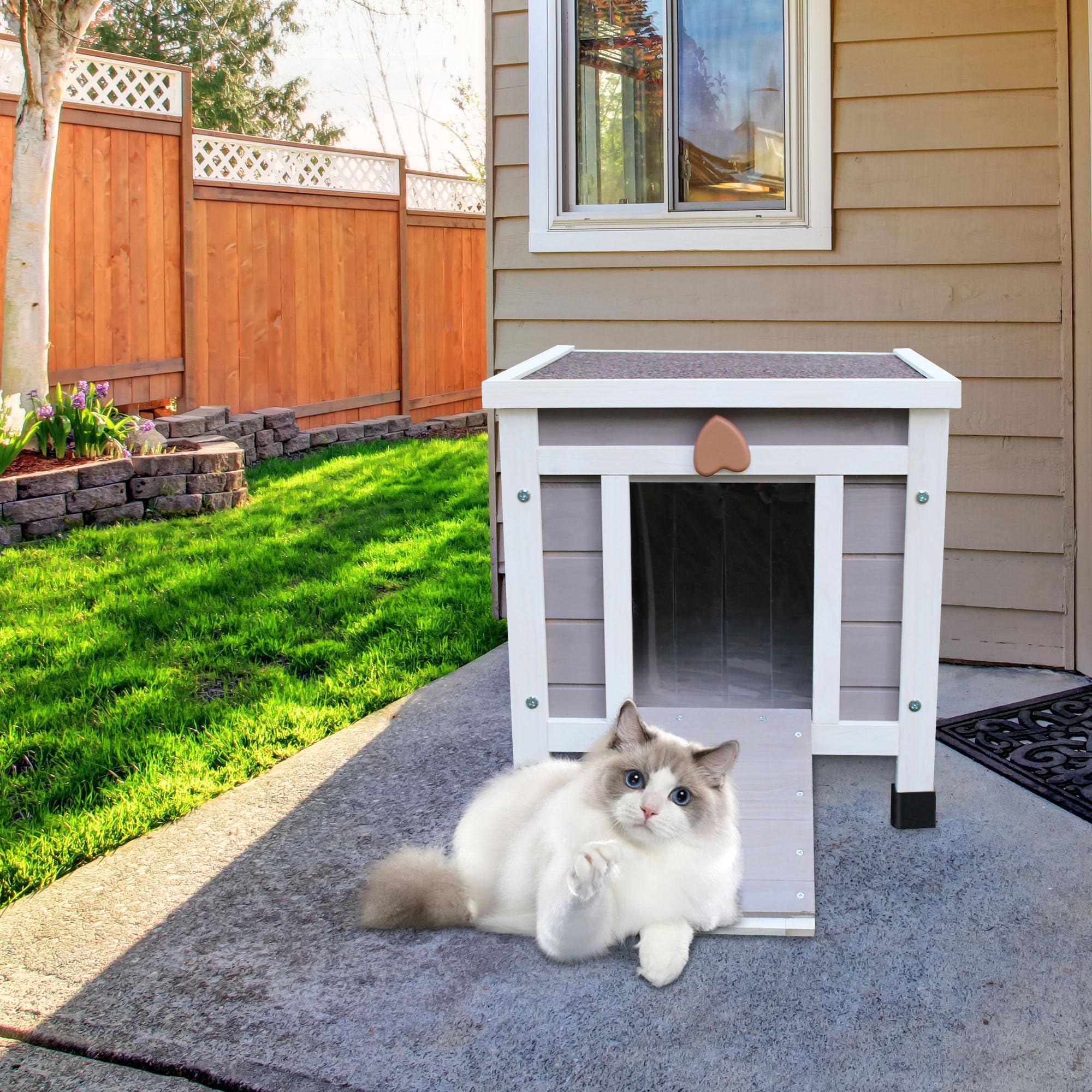 Maison de Chat d'extérieur avec Tapis, Maison de Chat Exterieur en Bois,Sauvage extérieure résistant aux intempéries, Petite Maison en Bois avec Tapis 42 x 51 x 43 cm (Gris)