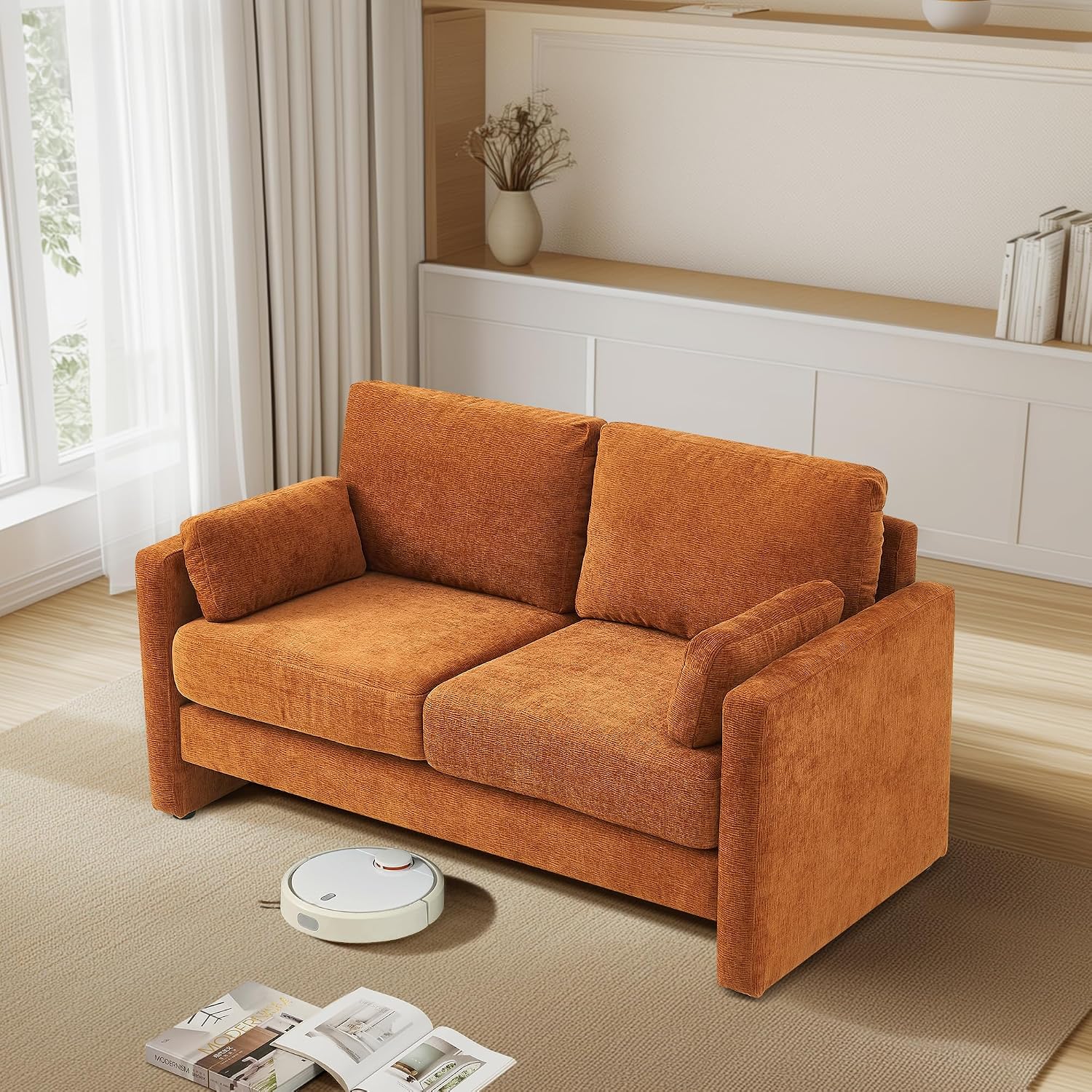 58.7" Modern Loveseat Sofa, Soft Chenille Fabric Love Seat Couch, 2 Seater Comfy Upholstered Leisure Sofa Loveseat Couches with 2 Waist Pillow for Living Room, Bedroom, Office