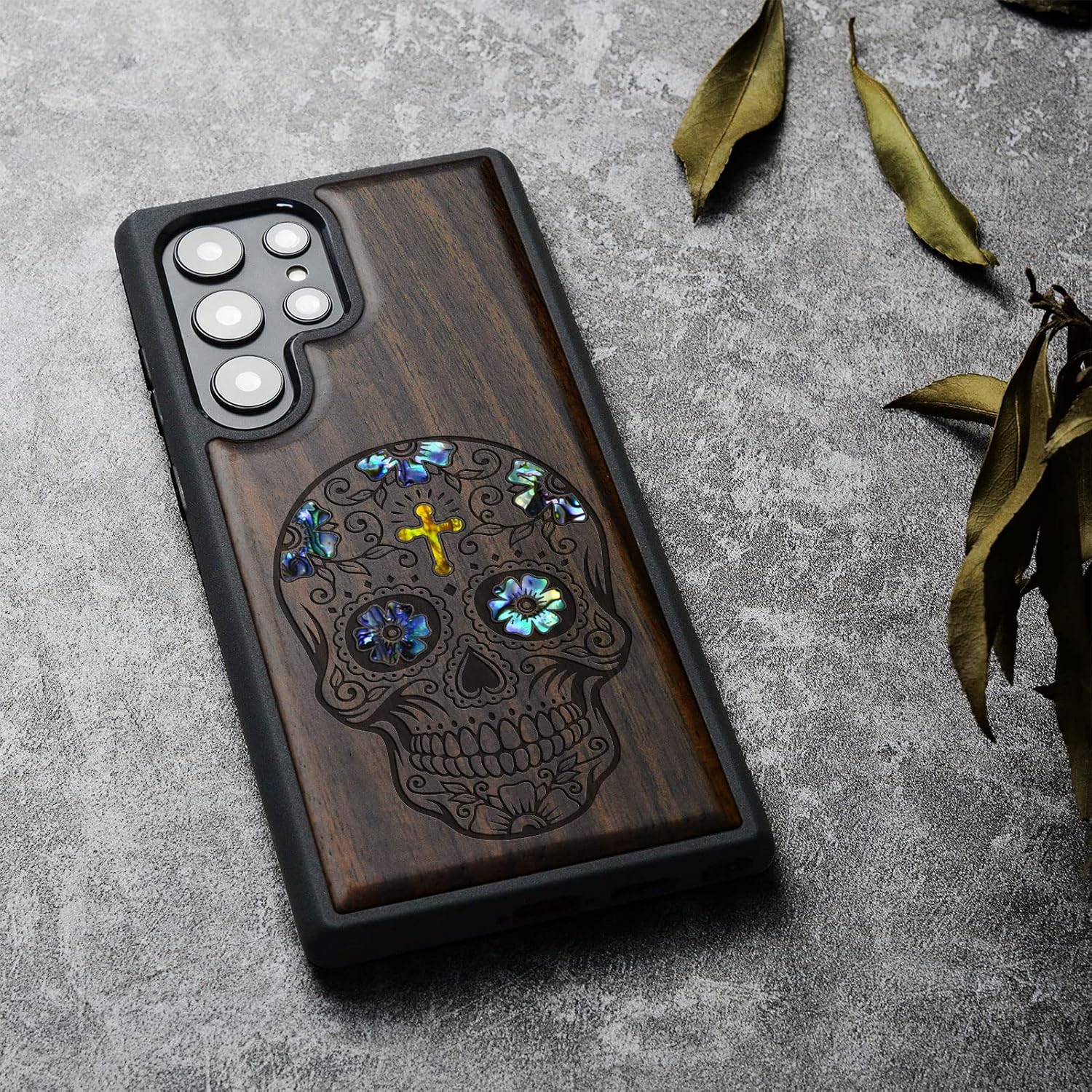 Carveit Designer Wooden Case for Samsung Galaxy S23 Ultra Cover [Wood Engraving & Shell Inlay] Wood Phone Case Compatible with Wireless Chargers Galaxy S23 Ultra Case (Sugar Skull-Blackwood)