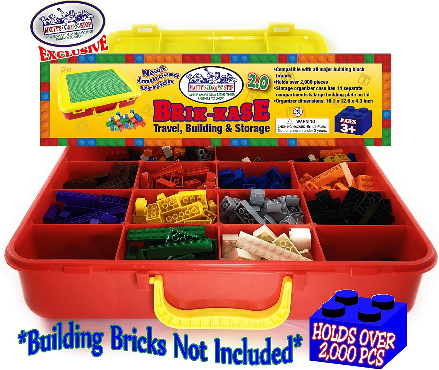 Matty's Toy Stop Brik-Kase 2.0 Travel, Building, Storage & Organizer Container Case with Building Plate Lid (Holds Approx 2000pcs) - Compatible With All Major Brands (Red, Green & Yellow)